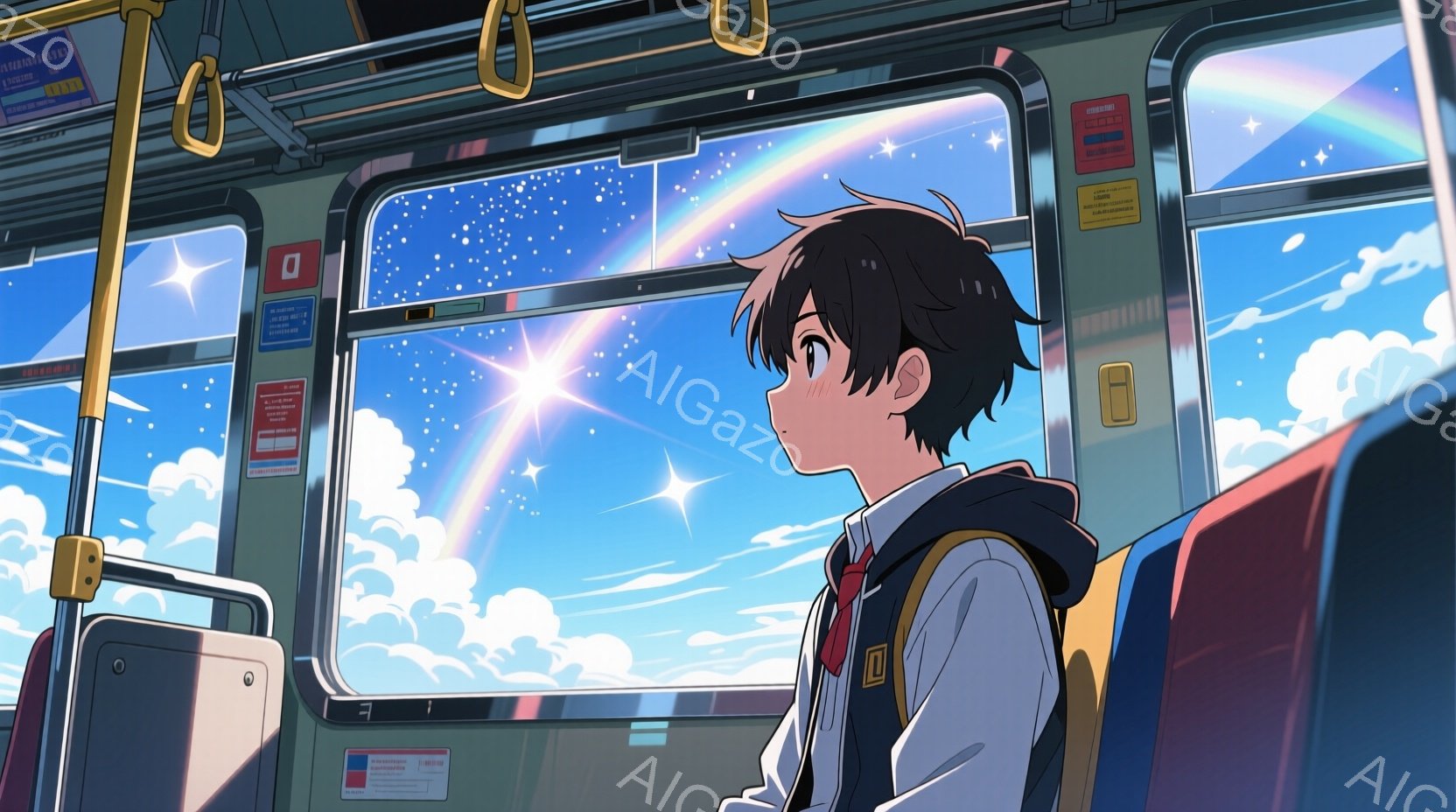 少年は、窓の外の空を眺めています。彼は紺色のブレザーに白いシャツ、赤いネクタイを着用し、黒髪の髪型で、頬を赤らめて少しうつむき加減です。背景には、雲海と太陽光線が広がり、バスの車内は少しレトロな雰囲気で、どこか懐かしい気持ちにさせる光景です。