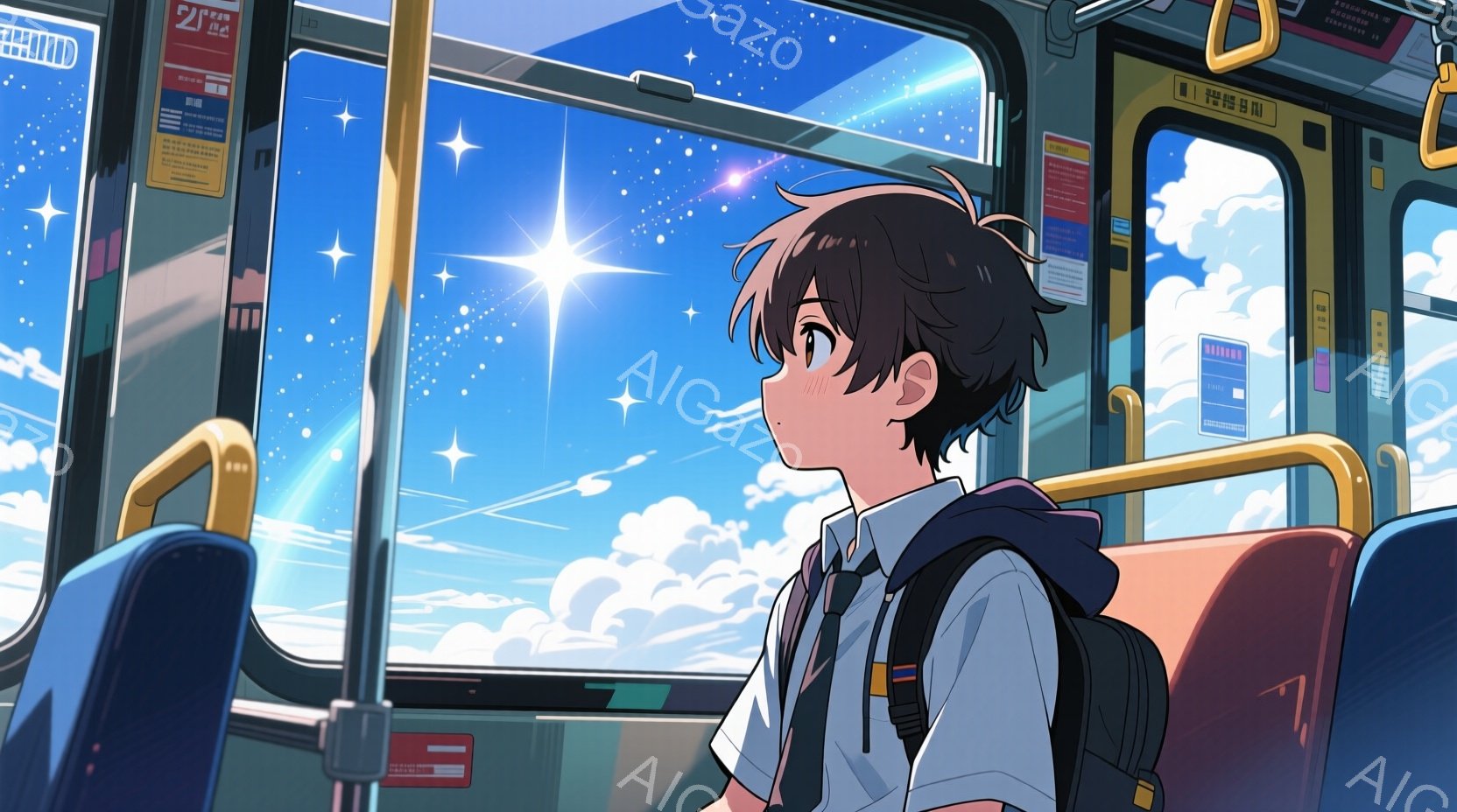見たところ、少年は学園の制服を着て、窓から差し込む光を見つめている。彼は短髪で、少し頬を赤らめ、穏やかな表情をしている。背景は空と雲で、列車内は穏やかな光に満ちており、希望に満ちた雰囲気を醸し出してい - AI生成フリー素材