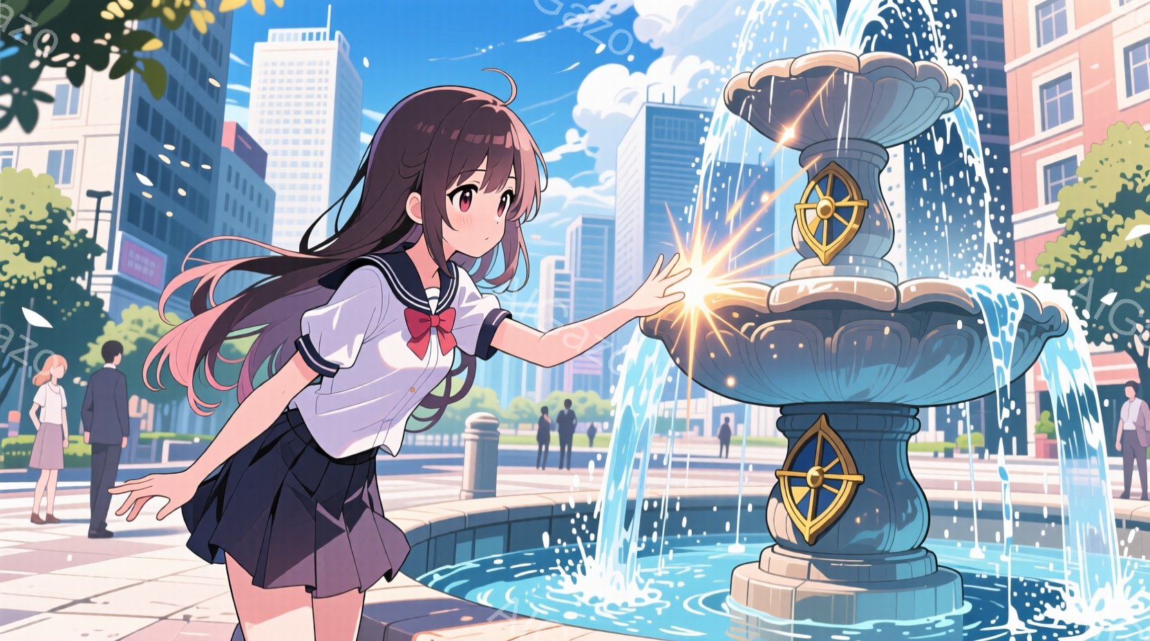 金髪の少女は、白いブラウスに黒いスカート、赤いリボンという制服を着て、噴水に手を伸ばしています。彼女は少し微笑んでおり、髪は長く、ピンク色のグラデーションがかかっています。背景には高層ビルが立ち並び、晴れた青空と緑の木々が見え、賑やかな都会の公園の雰囲気です。