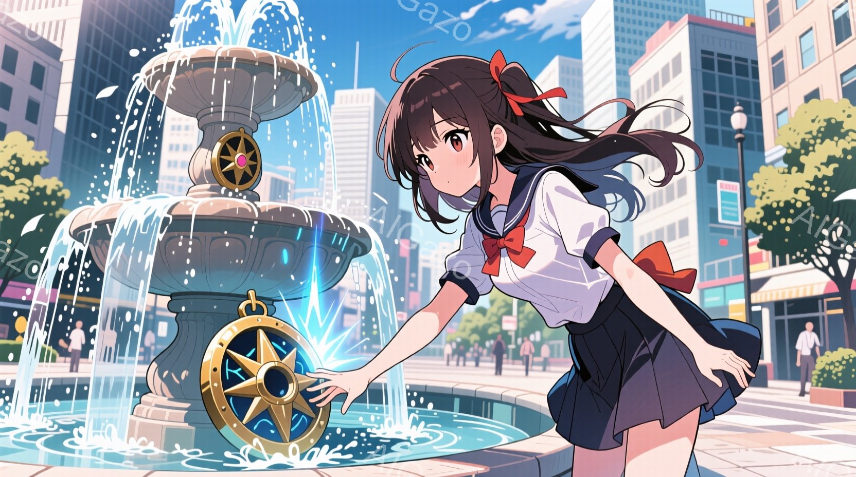 茶色の長い髪をツインテールにし、制服を着た少女が描かれています。彼女は噴水の中心にある光るコンパスのような物体に手を伸ばし、少し上目遣いで見つめており、表情は好奇心と驚きに満ちています。背景には、晴れた空の下、高い建物が立ち並ぶ都市の風景が広がっており、明るく活気のある雰囲気が漂っています。