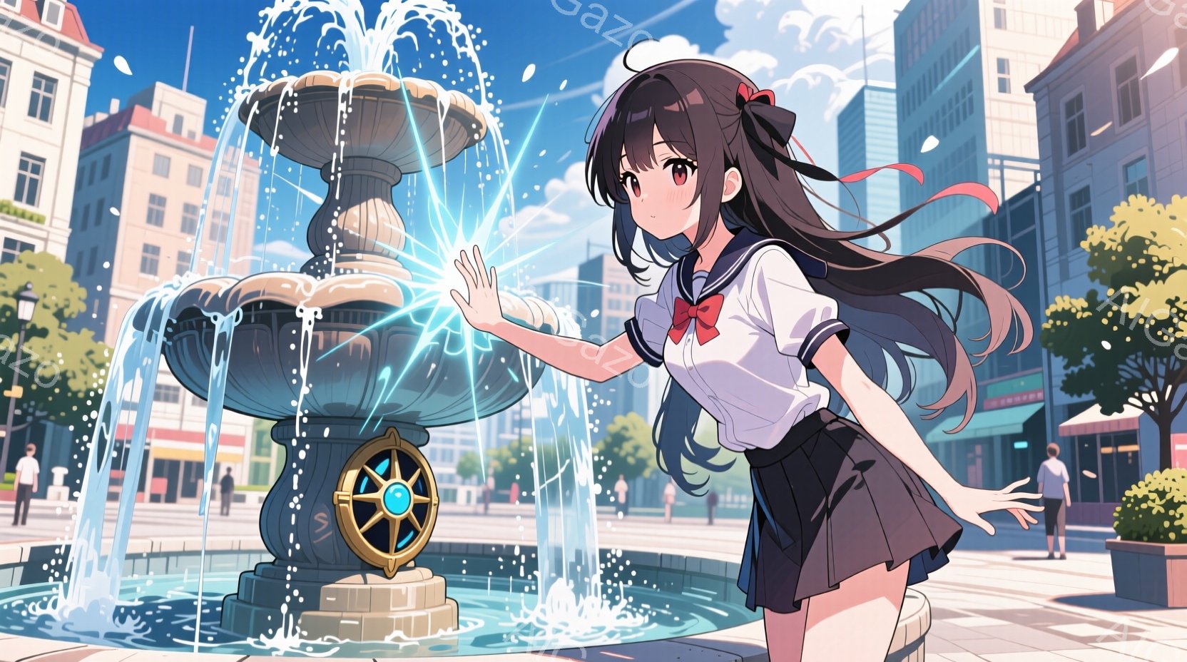 長い黒髪を揺らし、紺色のセーラー服を着た少女が、水の噴水に手を伸ばしている。彼女は少し微笑んでおり、躍動感のあるポーズで、噴水と周囲の街並みを背景に活気に満ちた印象を与えている。背景には、ヨーロッパ風 - AI生成フリー素材