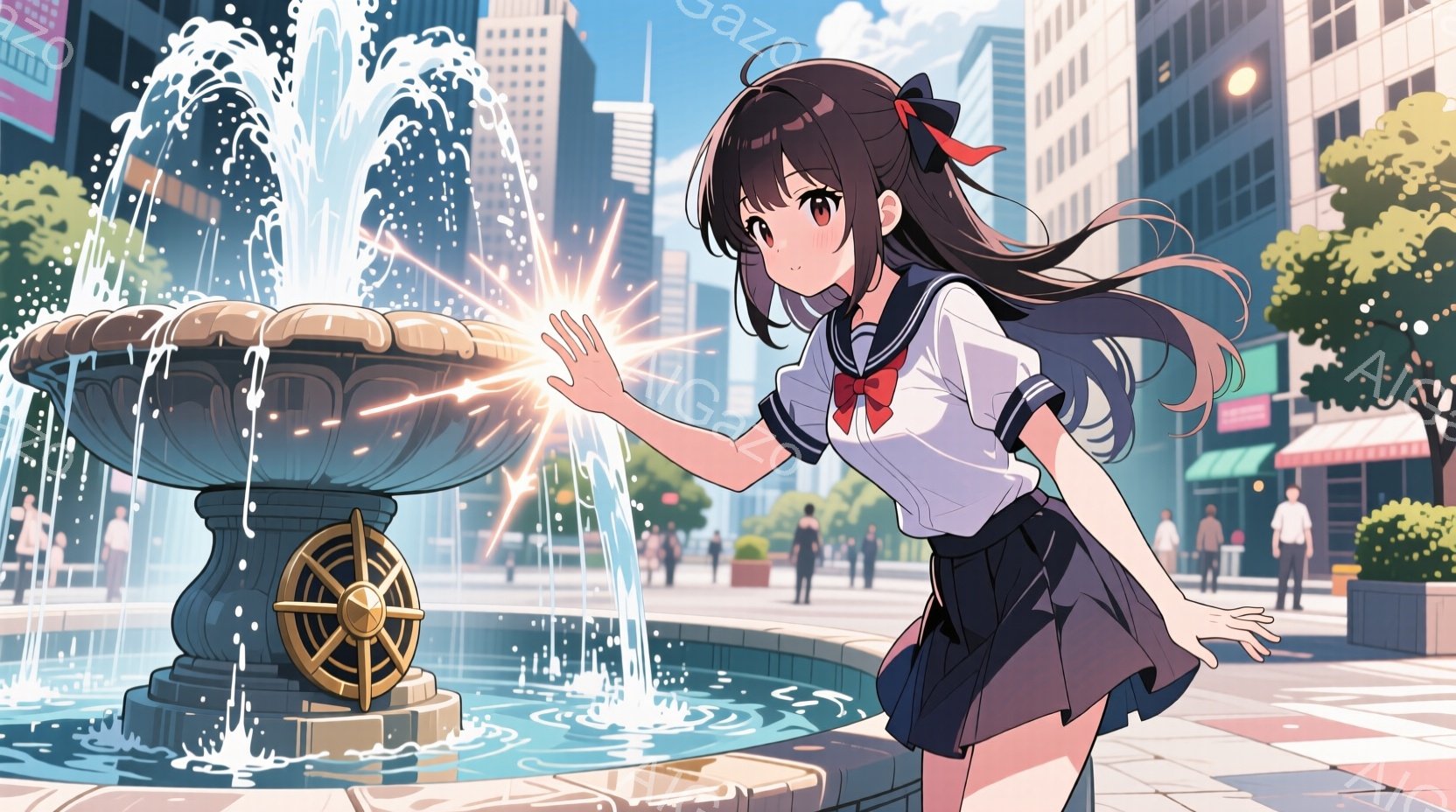 少女は、紺色のスカートと白いブラウス、赤いリボンという制服を着ており、髪は長く茶色で、風になびいています。彼女は噴水の近くで手を伸ばし、水しぶきが光の粒子となって周囲に飛び散る様子が描かれています。背 - AI生成フリー素材