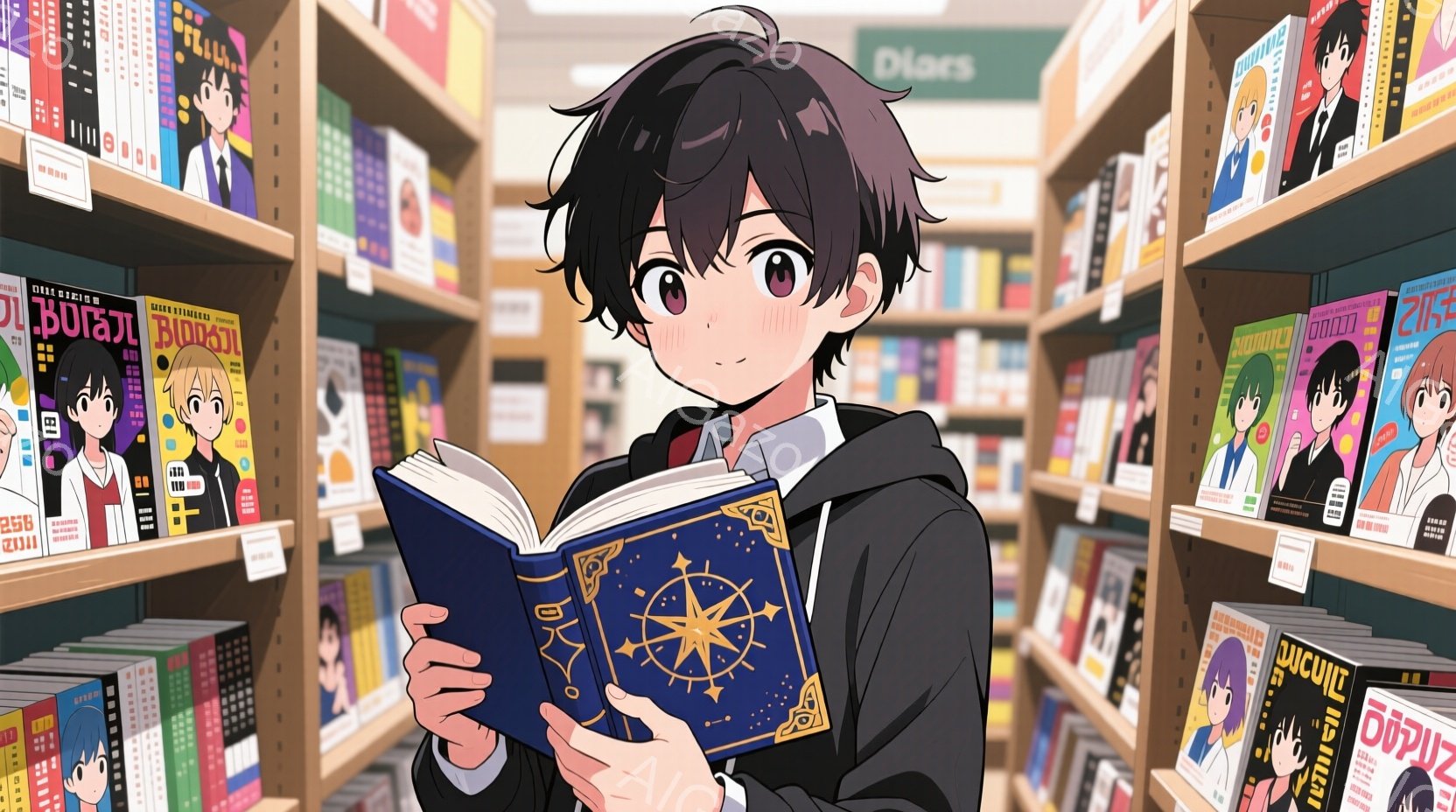 少年は書店で、装飾された表紙の大きな本を熱心に読んでいる。彼は黒髪で、正面を見据えた目に強い光が宿り、少し微笑んでいるように見える。背景には、様々な漫画や書籍が並んだ本棚が整然と並び、明るく活気のある - AI生成フリー素材