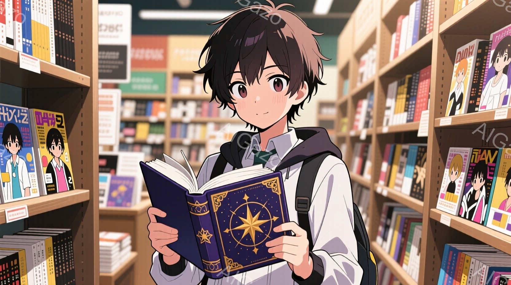 少年は書店の棚の間で、装飾的なコンパスが描かれた本を熱心に読んでいます。彼は黒髪で、制服姿で、少し微笑んでいるように見え、肩にはリュックサックを背負っています。背景には、たくさんの漫画や書籍が並んだ本 - AI生成フリー素材