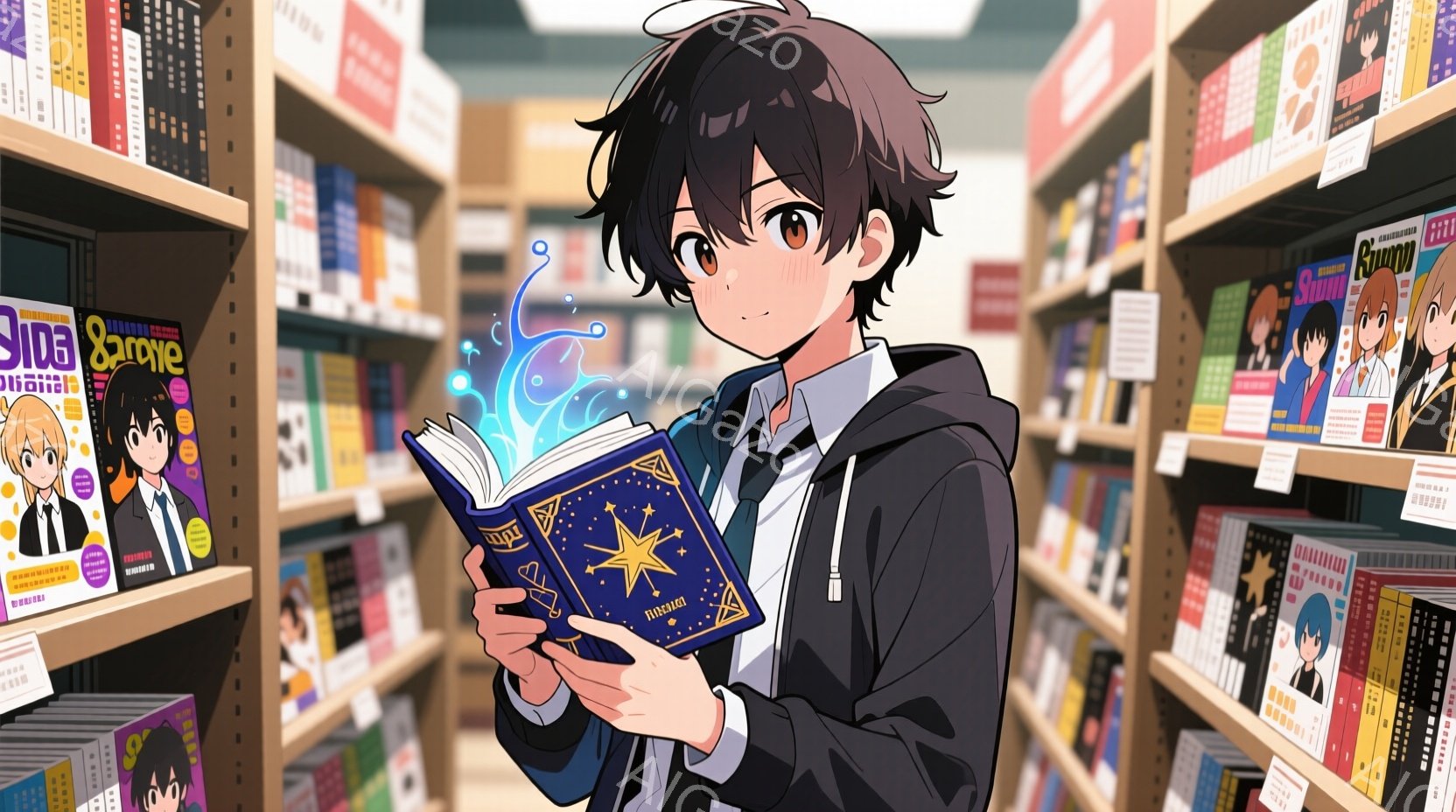 黒髪の少年が、光を放つ装飾された本を手に持っています。彼は黒いジャケットと白いシャツを着ており、集中した表情で本を見つめています。背景には、様々な漫画が並んだ本棚があり、幻想的で神秘的な雰囲気を醸し出 - AI生成フリー素材