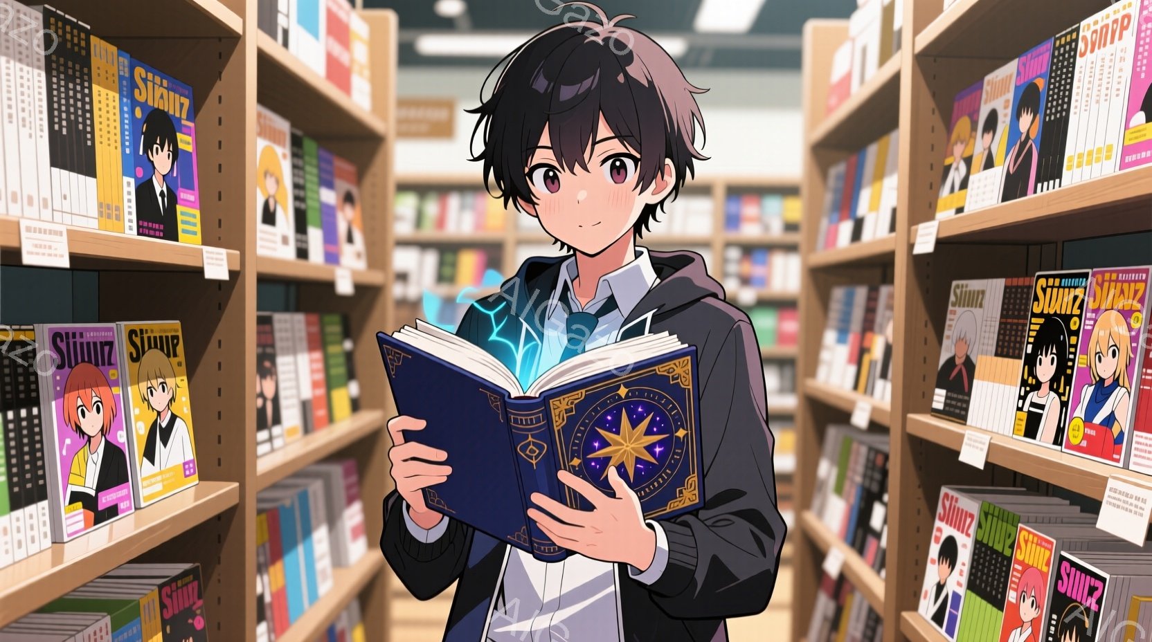 若い男性が本棚の間で、開いた本を手に持っています。彼は黒いジャケット、白いシャツ、ネクタイを着用し、少し無表情ながらもどこか神秘的な表情をしています。背景は色とりどりの本で埋め尽くされ、ファンタジーや - AI生成フリー素材