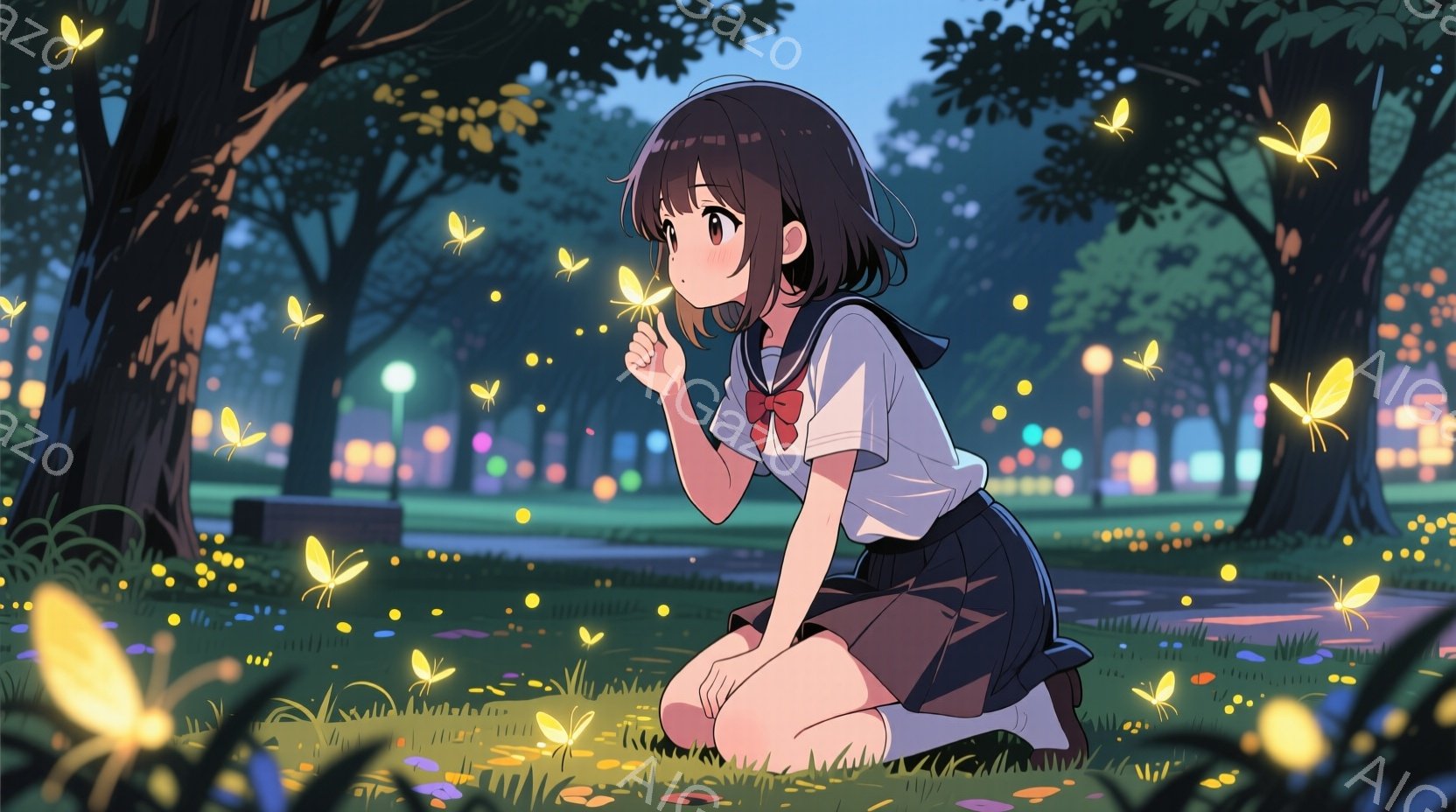 ショートカットの茶髪の少女が、夜の公園でひざまずいて蛍を見ている。紺色のスカートと白いブラウス、赤いリボンが特徴的な制服姿で、どこか物憂げな表情を浮かべている。背景にはぼやけた街灯と木々が広がり、幻想的な雰囲気を醸し出している。