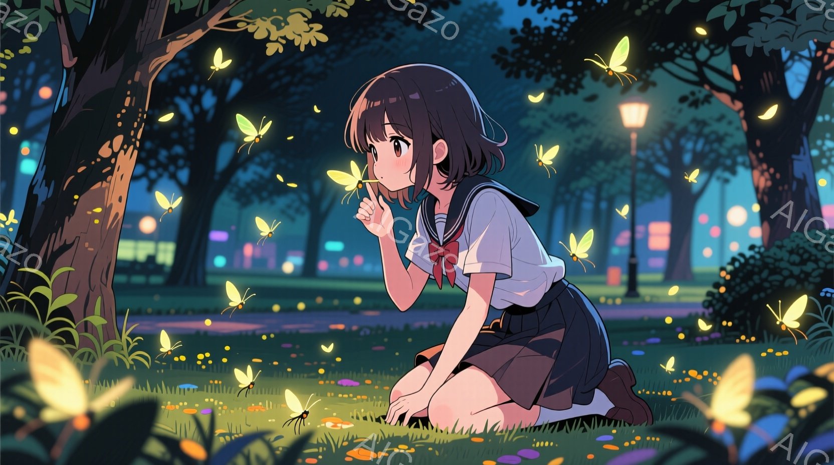 短い茶色の髪をサイドに分け、前髪は目の上にかかる長さの少女が描かれています。彼女は白いブラウスにネイビーのスカート、そして赤いリボンをつけており、ひざまずいて草の上に座り、指を口に当てて何かを考えているようです。背景には木々が生い茂り、夜空にはたくさんの蛍が舞い、遠くに街の明かりが見え、幻想的な夏の夜の雰囲気を醸し出しています。