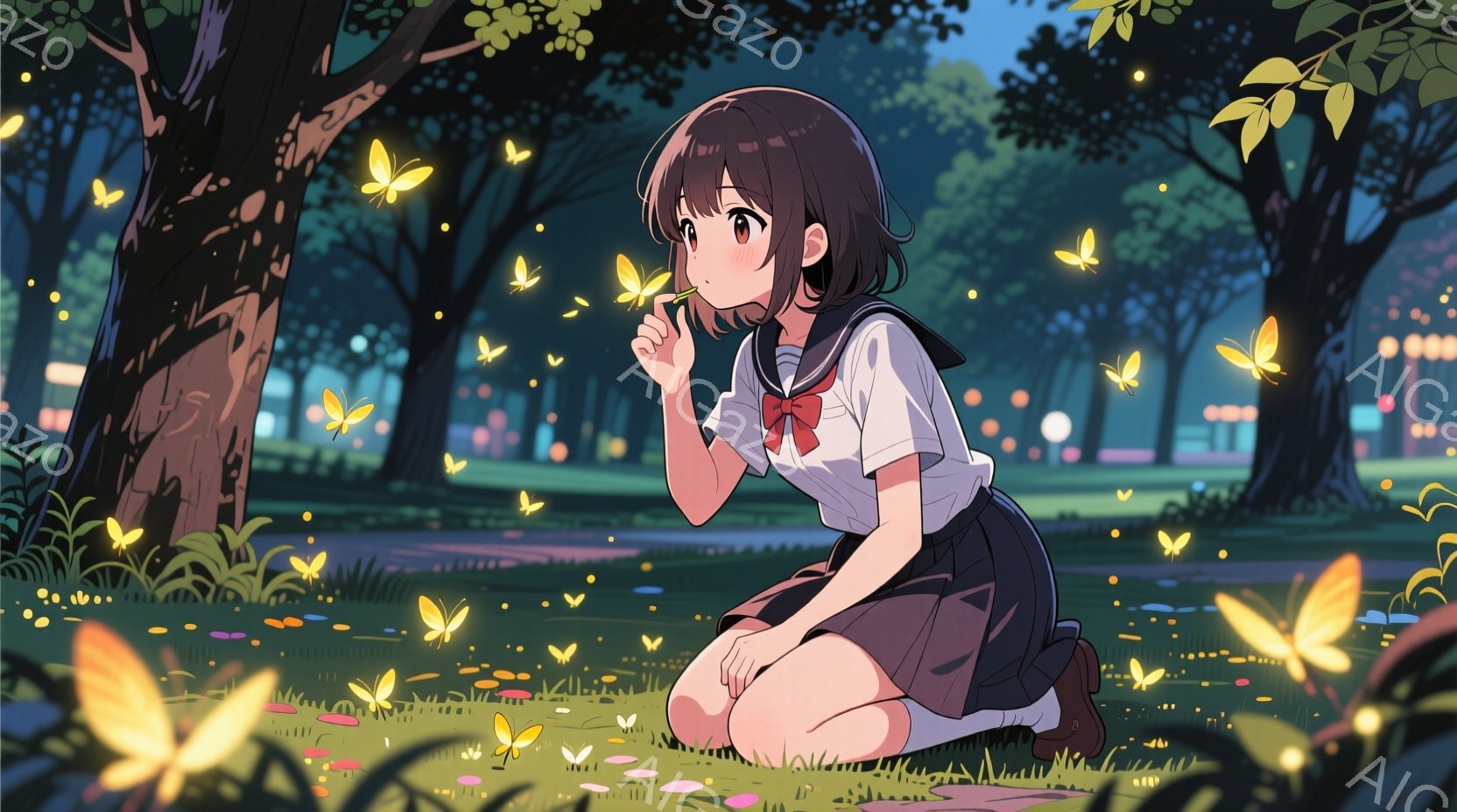 短い茶色の髪に赤いリボンをつけた少女が、緑の芝生の上に膝をついて座っている。彼女は白いブラウスにネクタイ、チェックのスカート、赤い靴を履いており、何匹かの光る蝶が彼女の周りを舞っている。背景には木々と - AI生成フリー素材