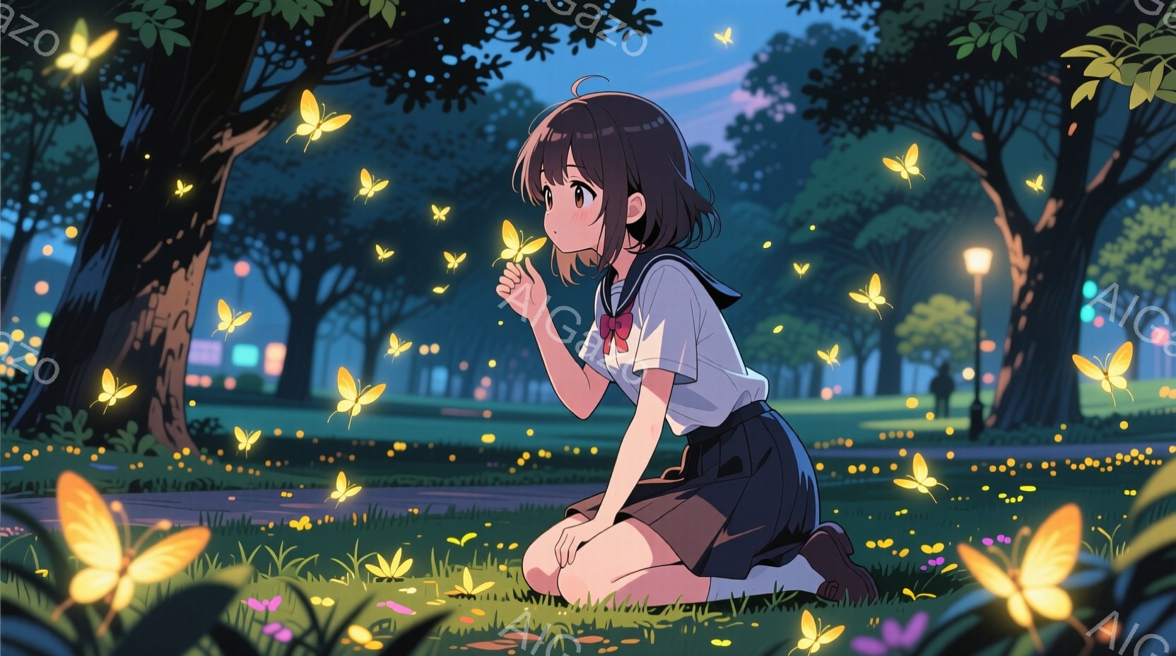 暗い公園でひざまずいて座る少女が描かれています。彼女は白いブラウス、黒いスカート、リボン付きのネクタイを着ており、ショートカットの髪で、少し微笑んでいる表情をしています。周囲には無数の光る蝶が舞い、背 - AI生成フリー素材