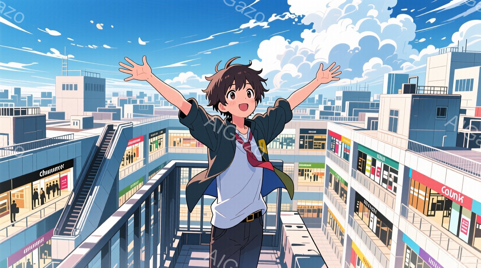 賑やかな街並みを背景に、腕を広げて嬉しそうにしている若い男性を描いています。彼は、白いTシャツにネイビーのジャケット、赤いネクタイを着用し、黒髪で少し無造作な髪型をしています。背景には、カラフルな店舗 - AI生成フリー素材