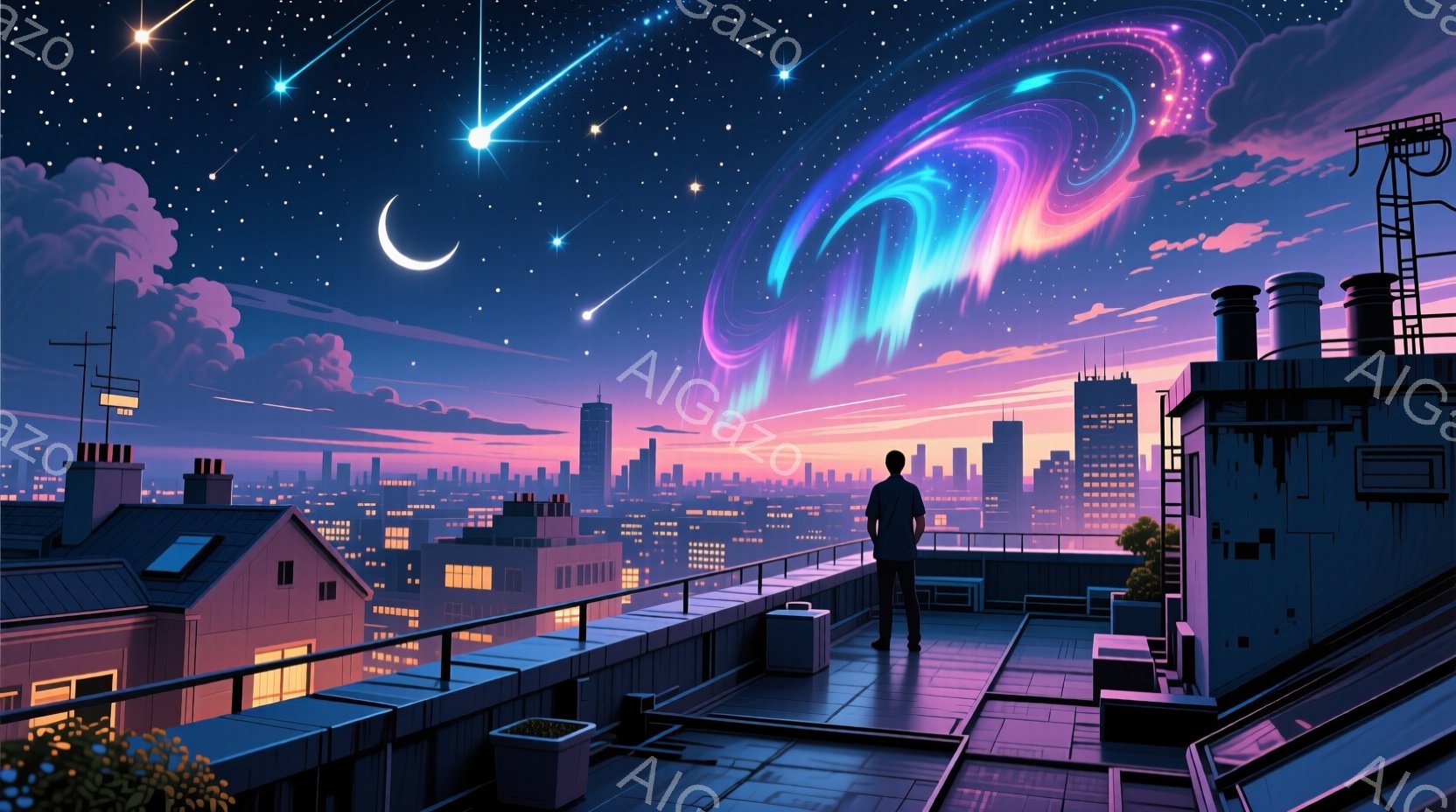 高層ビルの屋上に立つ男は、黒い服装で後ろ姿のみが見える。夜空には新月と流れ星が輝き、都市の明かりと相まって幻想的な雰囲気を醸し出している。背景には密集した建物が広がり、鮮やかなオーロラのような光が夜空 - AI生成フリー素材