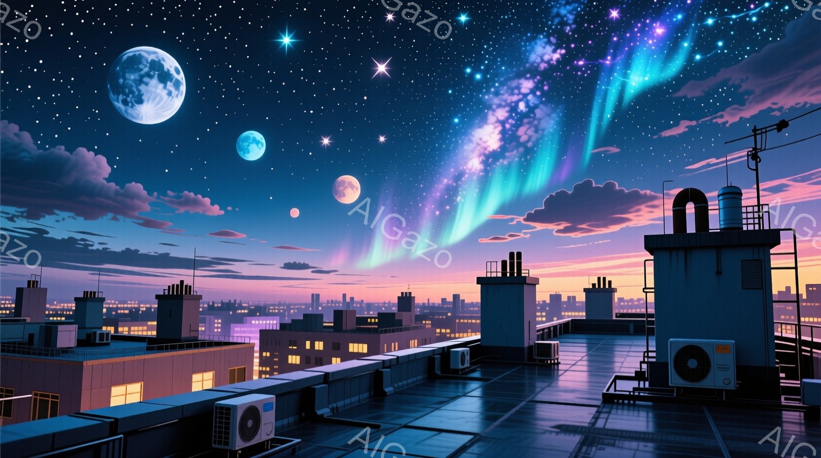 高層ビル群が広がる夜景が描かれており、屋上にはエアコンの室外機などが並んでいる。空には満月や惑星が輝き、オーロラのような幻想的な光が夜空を彩っている。全体的に、都会の喧騒から離れた、静かで神秘的な雰囲気が漂っている。