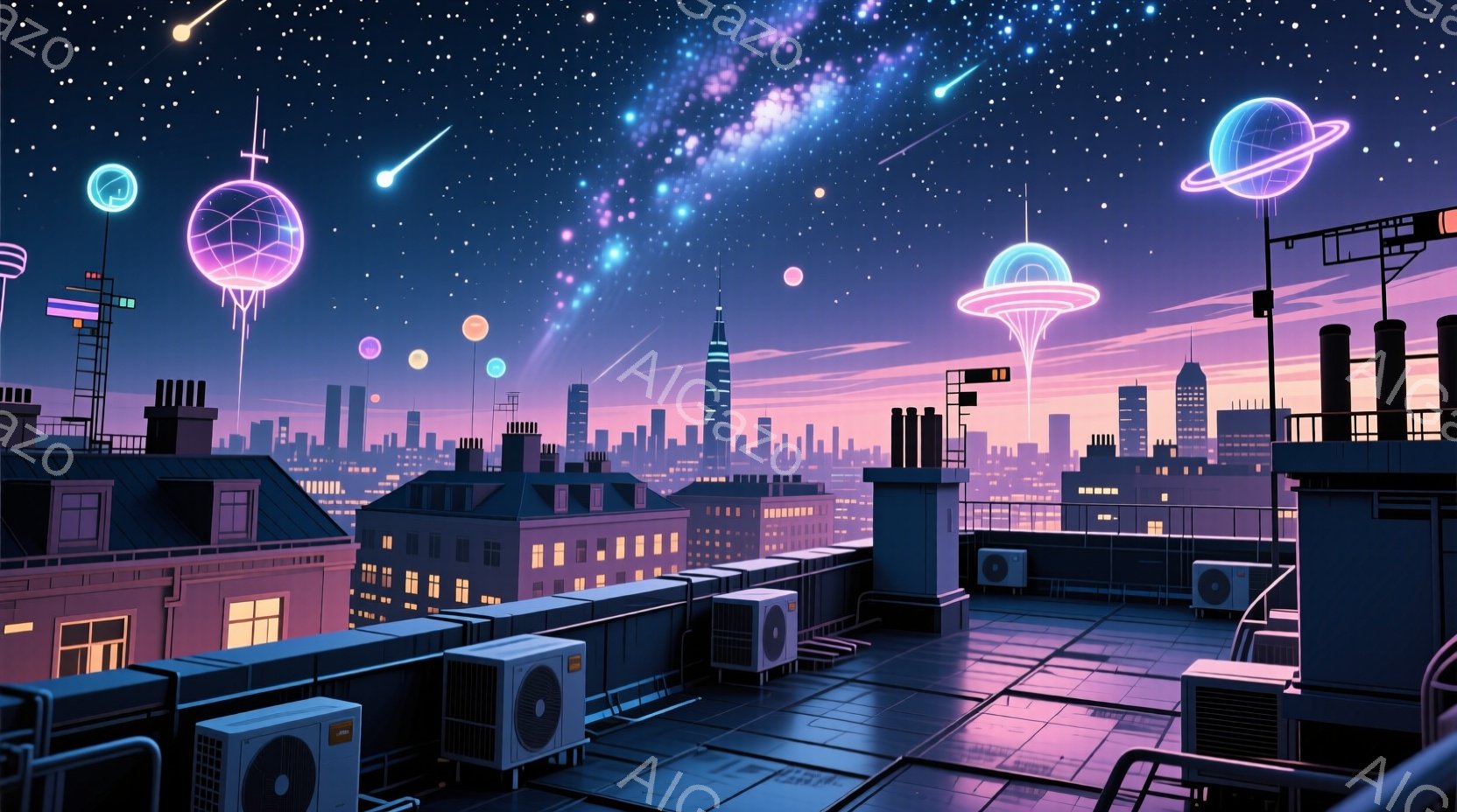 高層ビル群が夜空に浮かび、ネオンライトが都市を彩る幻想的な風景が広がっている。屋上には多数の空調設備が並び、星空と都市の光が反射して、不思議な雰囲気を醸し出している。空には流れ星や惑星のような光が散り - AI生成フリー素材