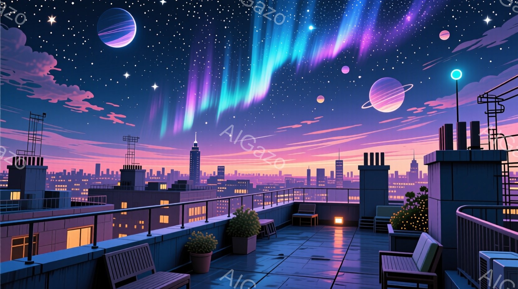 高層ビル群を背景に、屋上テラスが広がっています。紫とピンクのオーロラのような光線が夜空を彩り、惑星が浮かぶ幻想的な光景です。屋上にはベンチや植物が配置され、都市の明かりが温かい雰囲気を醸し出しています - AI生成フリー素材