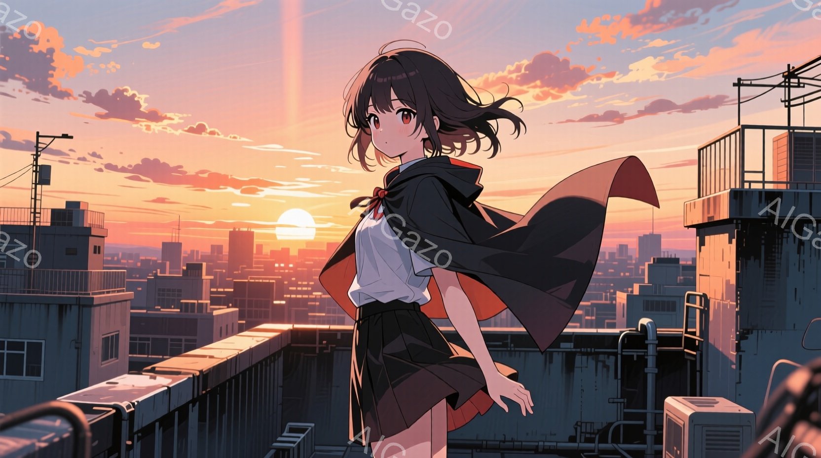 少女は、白いシャツに黒いスカート、そして赤いアクセントのある黒いケープを身につけて屋上に立っている。彼女は少し横を向き、遠くを見つめるようなポーズで、リラックスした表情をしている。背景には夕焼けに照ら - AI生成フリー素材