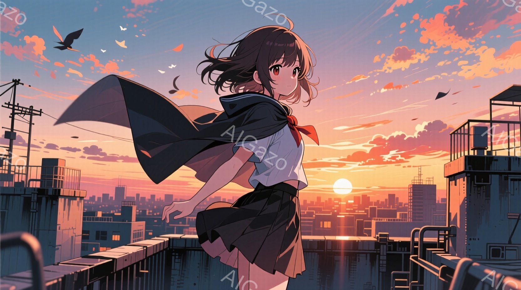 夕焼けの背景に、制服を着た少女が屋上に立っている。彼女は黒いロングスカートと白いシャツ、赤いリボンを締め、風になびくようにポーズをとっている。背景には高層ビル群と鮮やかな夕焼け空が広がり、数羽の鳥が飛 - AI生成フリー素材