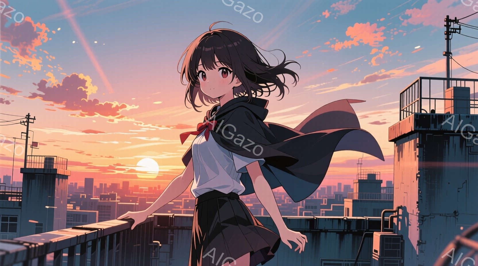 黒髪の少女が屋上の縁に立っており、風になびく黒いリボンとマフラーを身に着けている。白いシャツに黒いスカートという制服のような服装で、少し上目遣いな表情をしている。背景には夕焼けに染まる都市の景色が広が - AI生成フリー素材