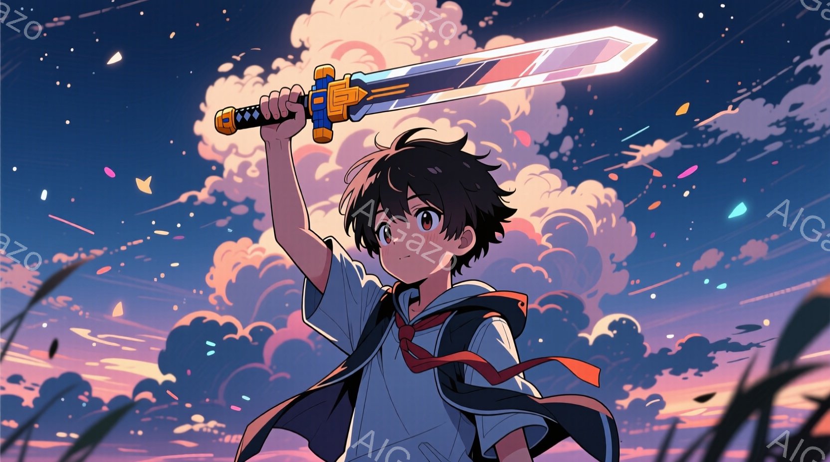 黒髪で前髪が少し長めの少年が、片手を高く上げ、光る剣を握っています。白いシャツに赤いネクタイ、肩にかけた外套を着ており、決意に満ちた表情で空を見上げています。背景は夕焼けのような空と雲で彩られ、所々に - AI生成フリー素材