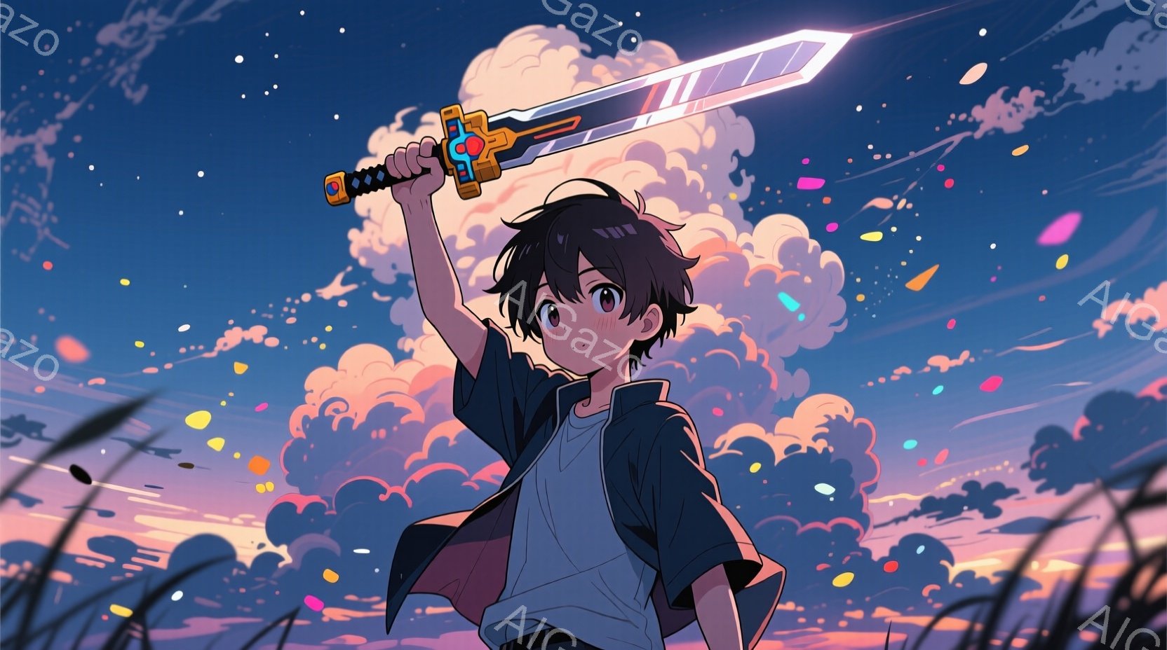 黒髪の少年が、鮮やかなピンク色の空を背景に、光を放つ剣を高く掲げています。少年は白いTシャツと薄紫色のジャケットを着ており、少し頬を赤らめています。背景には、明るいピンクと紫色の雲が広がり、草がわずか - AI生成フリー素材