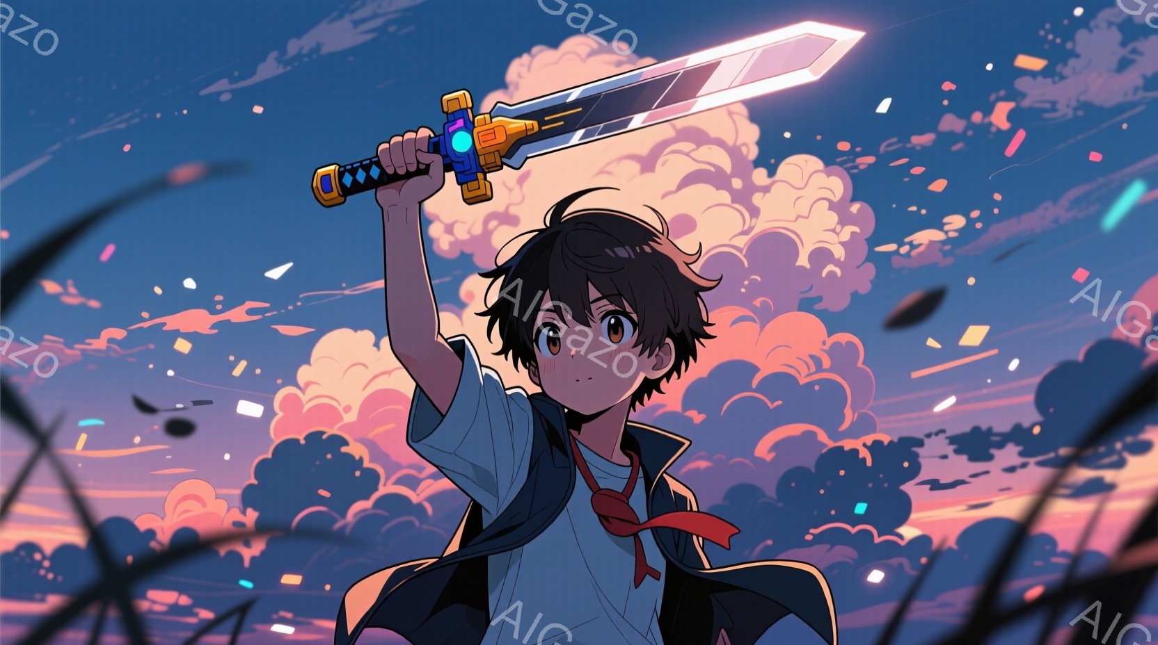 短い黒髪の少年が、夕焼けのような空を背景に、光り輝く剣を高く掲げています。白いシャツに黒いジャケットと赤いスカーフを身につけ、少し頬を赤らめ、力強い表情をしています。背景には、ピンクと青が混ざり合った - AI生成フリー素材