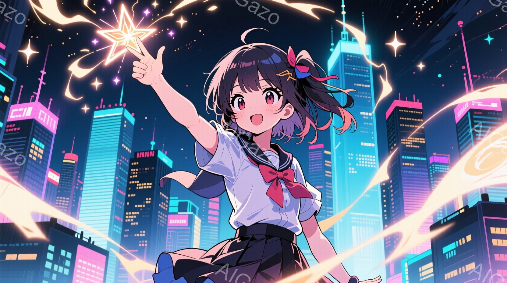 明るいピンク色の髪に赤いリボンをつけた少女が、夜の都市を背景にポーズをとっています。彼女はセーラー服を着ており、片手を上げて指を突き立て、楽しそうな笑顔を浮かべています。背景にはネオンライトが輝く高層ビル群が広がり、星が散りばめられた夜空が幻想的な雰囲気を醸し出しています。
