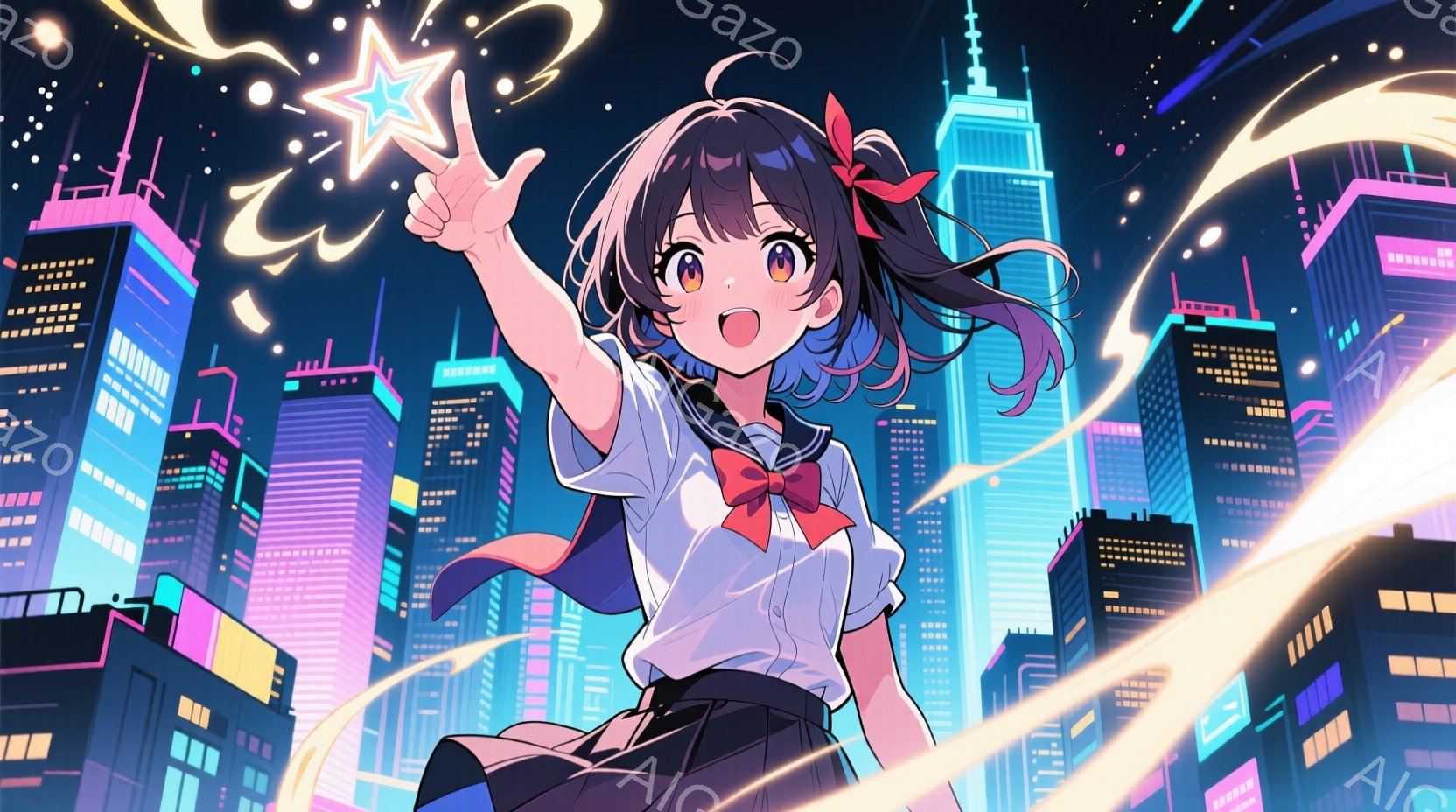 長い黒髪に赤いリボンをつけた少女が、夜の都市を背景に両手を挙げて星の光を浴びています。彼女は制服姿で、表情は明るく、元気いっぱいです。高層ビル群が夜空に輝き、都市全体が幻想的な雰囲気に包まれています。 - AI生成フリー素材