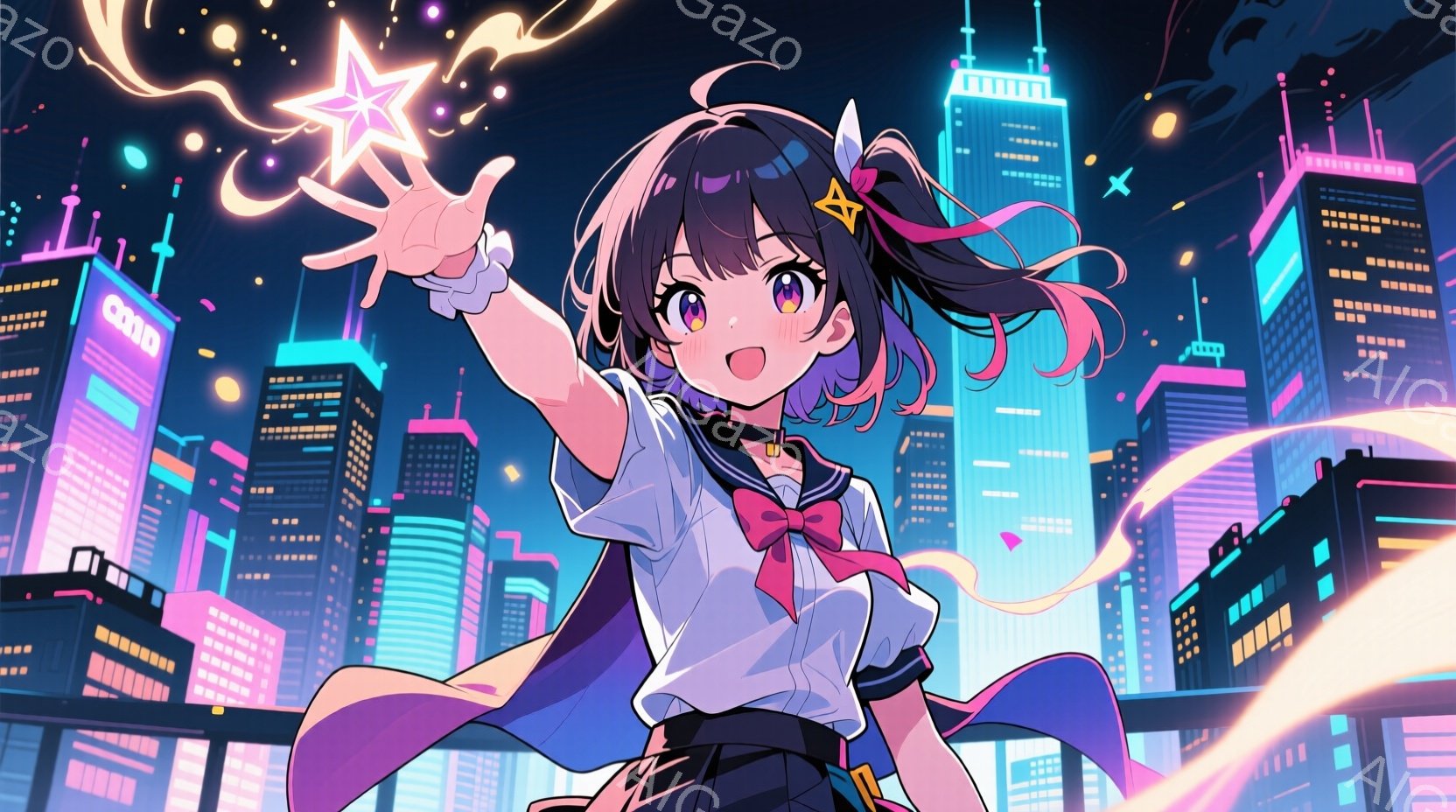 明るい紫色の髪にピンクのメッシュが入った少女が、夜の都市を背景に右手を高く上げて星のような光を放っている。彼女はセーラー服のような衣装にピンクのリボンとマントを身につけ、元気いっぱいの笑顔を見せている - AI生成フリー素材