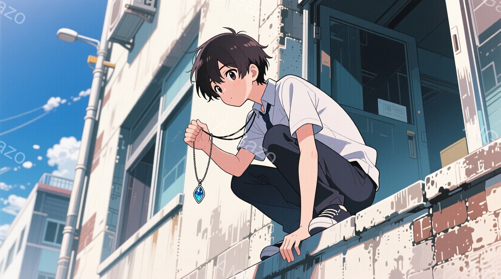少年は、コンクリートの壁の上にしゃがみ込んでいます。紺色の制服に白いシャツ、そして黒いスニーカーを履き、首には青いペンダントを下げています。背景には白い建物と青い空が広がり、晴天で穏やかな雰囲気が漂っています。