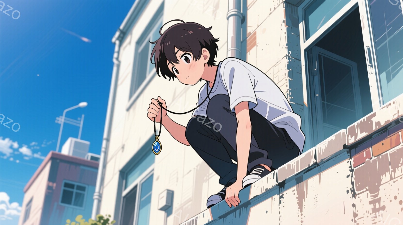 短い黒髪で、少し巻き毛の少年が、建物の屋上の縁にしゃがみ込んでいます。白いシャツに黒いズボンというカジュアルな服装で、首には青いペンダントを下げています。背景には、白い建物や青空が広がり、晴れた日の穏 - AI生成フリー素材
