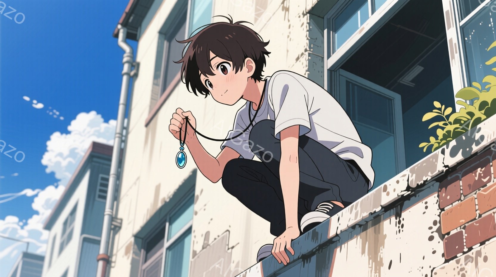 若い男性がレンガ造りの壁の上にしゃがみこんでいます。白いTシャツと黒いズボンを着用し、首からは青いペンダントが吊り下げられています。背景には、青空と白い雲、そして薄い緑の植物が見え、全体的に穏やかでノスタルジックな雰囲気です。