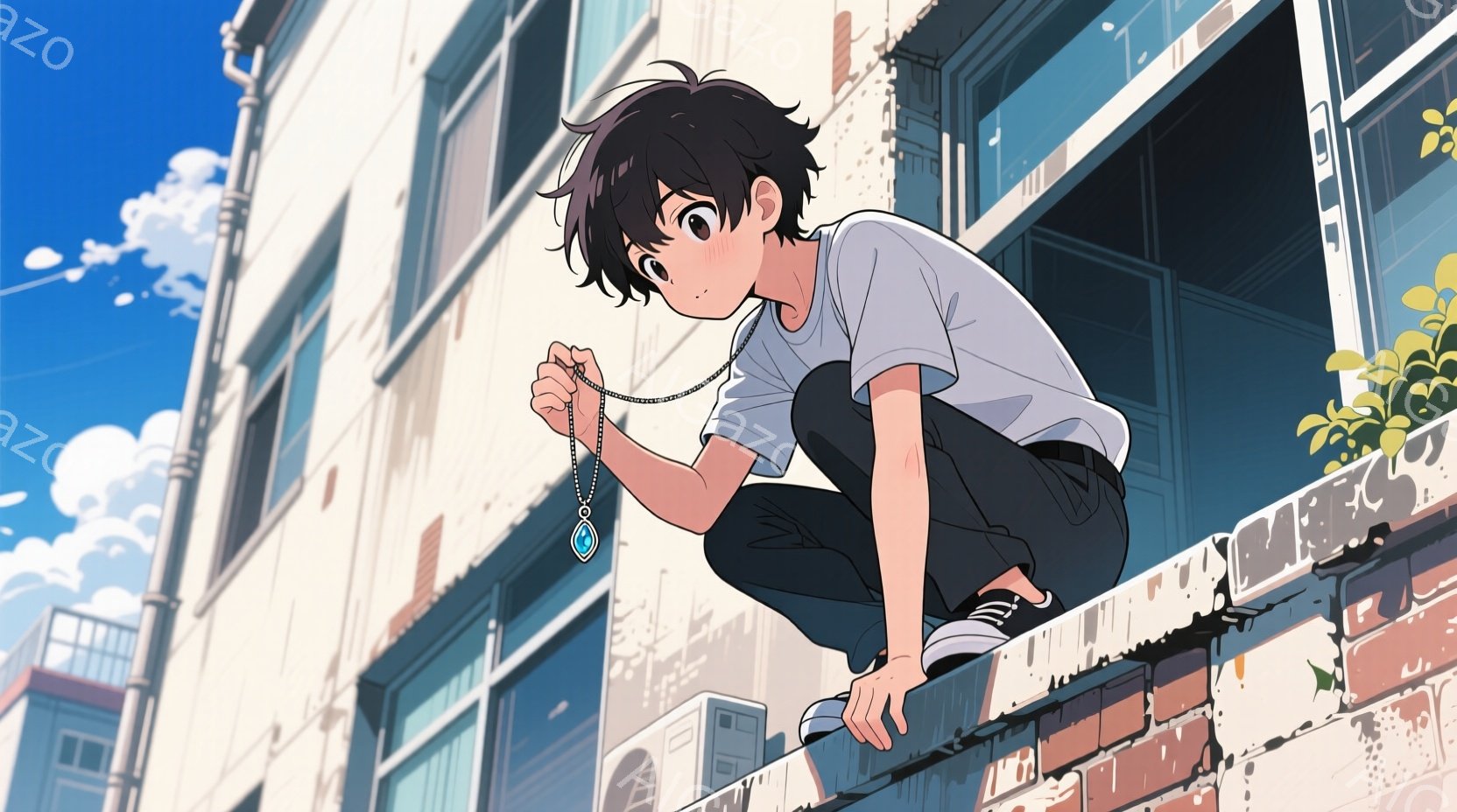 黒髪でカールした髪型の少年が、レンガ造りの壁の上にしゃがみ込んでいます。白いTシャツと黒いズボンを着用し、首には青いペンダントを下げています。背景には、白い建物と青空が広がり、窓辺には緑の植物が置かれ、晴れた日の穏やかな雰囲気を醸し出しています。