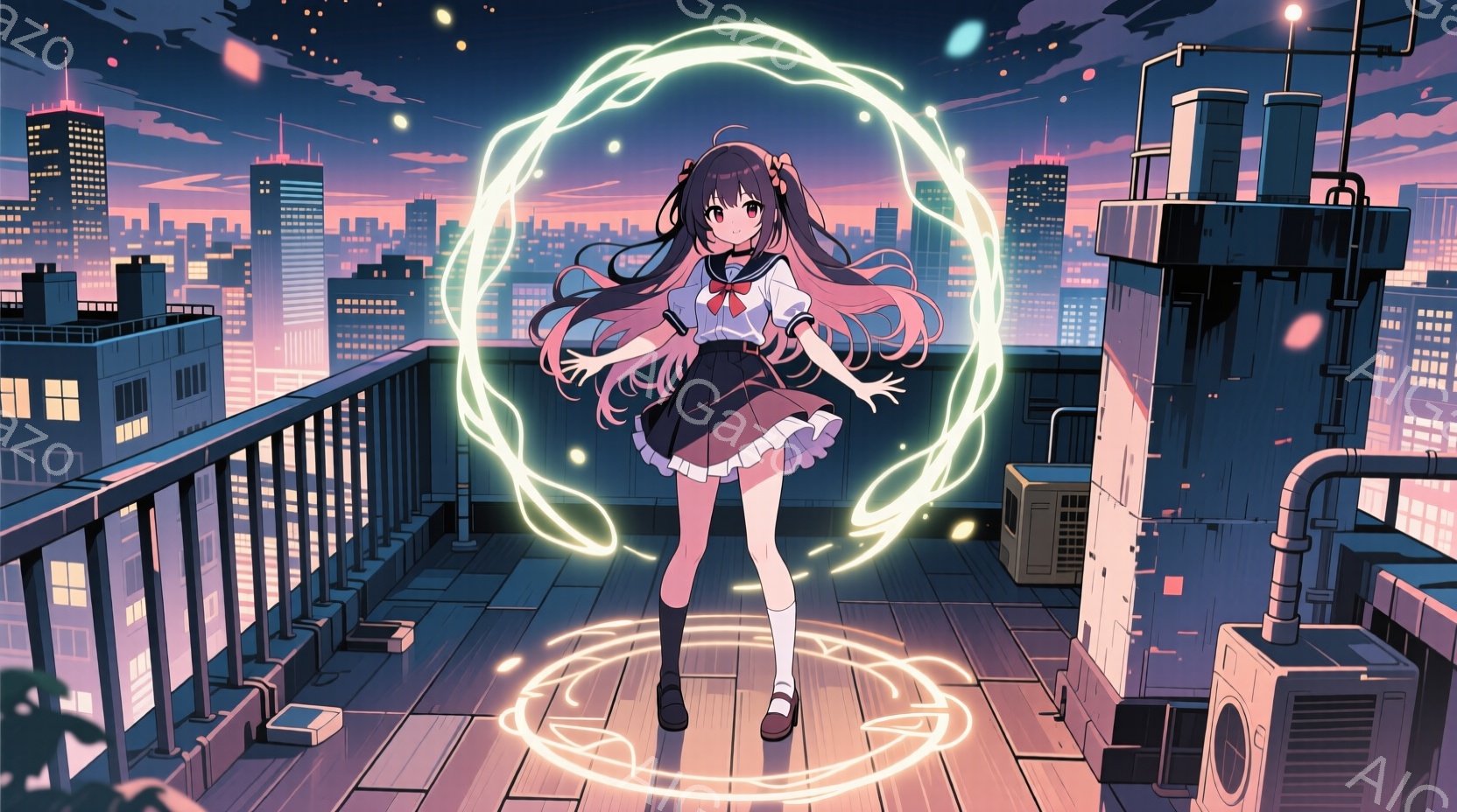 長い黒髪に赤いリボンをつけた少女が、夜の屋上で光る円の中に立っている。彼女はセーラー服を着ており、両手を広げ、少し上目遣いな表情で、どこか神秘的な雰囲気を漂わせている。背景には高層ビル群が広がり、空は夕焼けと夜空が混ざり合った美しいグラデーションで、幻想的な雰囲気を演出している。