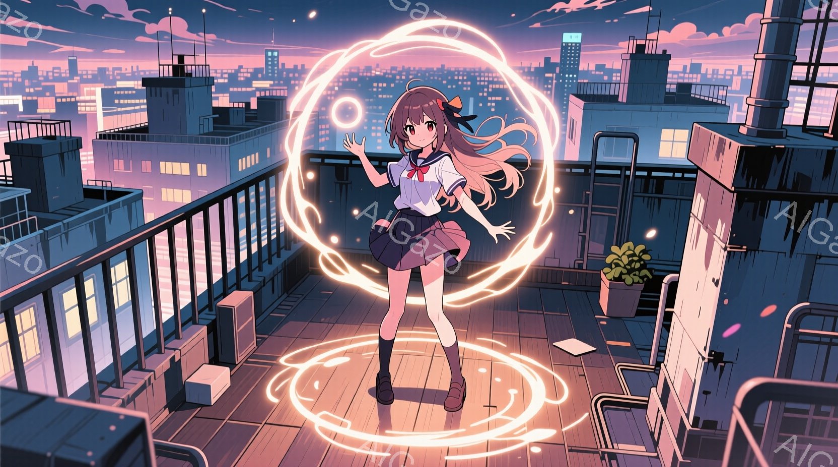 屋上にて手を広げている茶色の長い髪の少女を描いています。彼女はセーラー服を着ており、ピンク色のリボンが特徴的です。背景には夜景が広がり、高層ビル群とオレンジ色の光が幻想的な雰囲気を醸し出しています。 - AI生成フリー素材