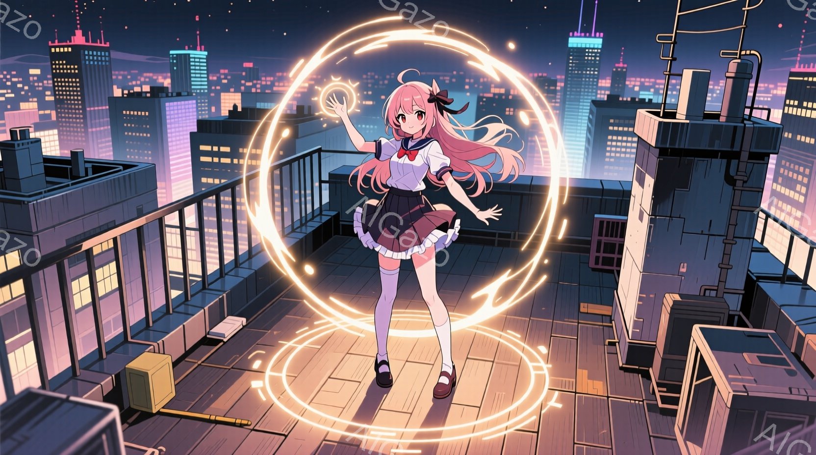 明るいピンク色の髪に大きなリボンをつけた少女が、屋上の縁に立っている。彼女はセーラー服を着ており、右手を上げて光る円形のエネルギーを操っているように見える。背景には夜景が広がり、高層ビル群が光り輝き、雰囲気は幻想的でどこか神秘的である。