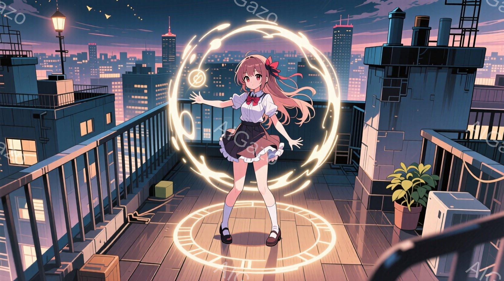 長い赤髪を背中に垂らし、セーラー服姿の少女が屋上の木製デッキに立っている。彼女は両手を広げ、足元に光る魔法陣のような円形の光を操っているように見える。背景には夜景が広がり、高層ビル群や街の灯りが輝き、 - AI生成フリー素材