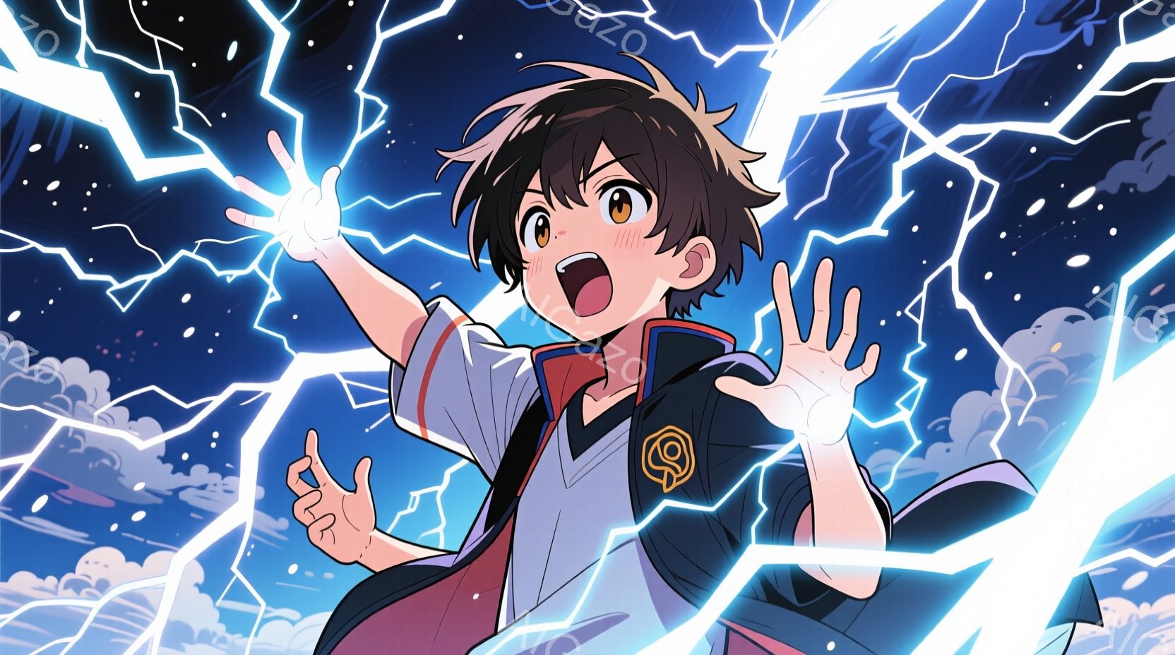 少年は黒髪で、前髪が少し跳ねています。赤い装飾がついた黒いセーラー服のような制服を着ており、両手を上げて興奮した表情をしています。背景には激しい雷雨があり、稲妻が少年を囲むように光り、全体的にダイナミックでエネルギッシュな雰囲気です。