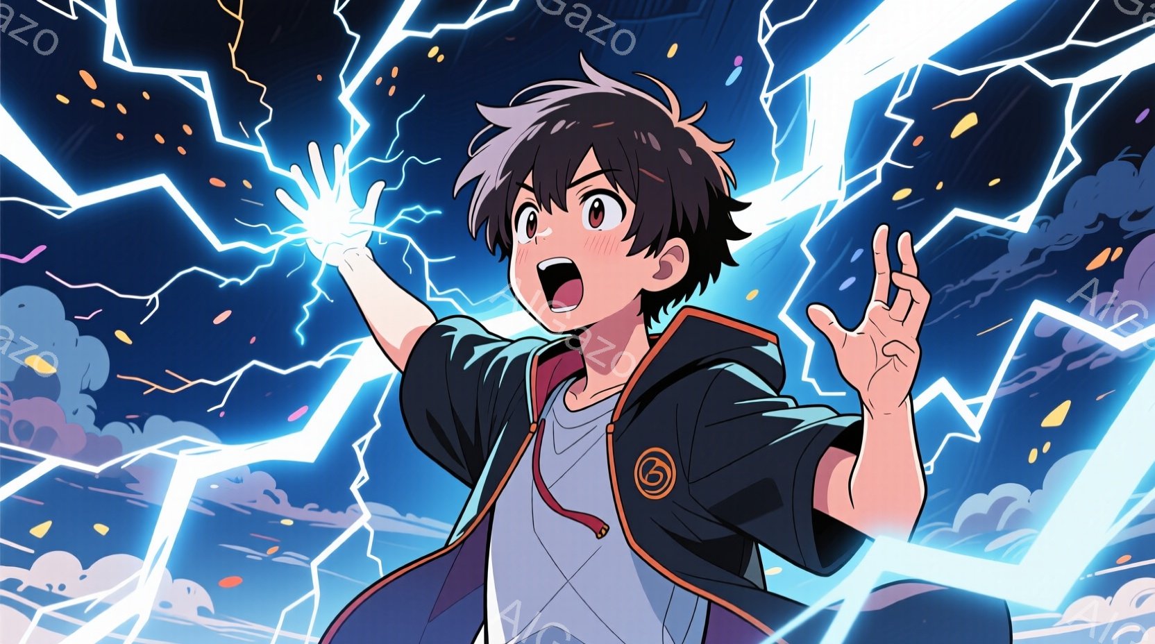 若い男の子が雷が光る空を背景に立っている。彼は白いTシャツと赤い縁取りの黒いパーカーを着ており、髪は短く黒く、少し跳ねている。彼は両手を上げて驚いた表情を浮かべ、強いエネルギーを感じているかのように見える。