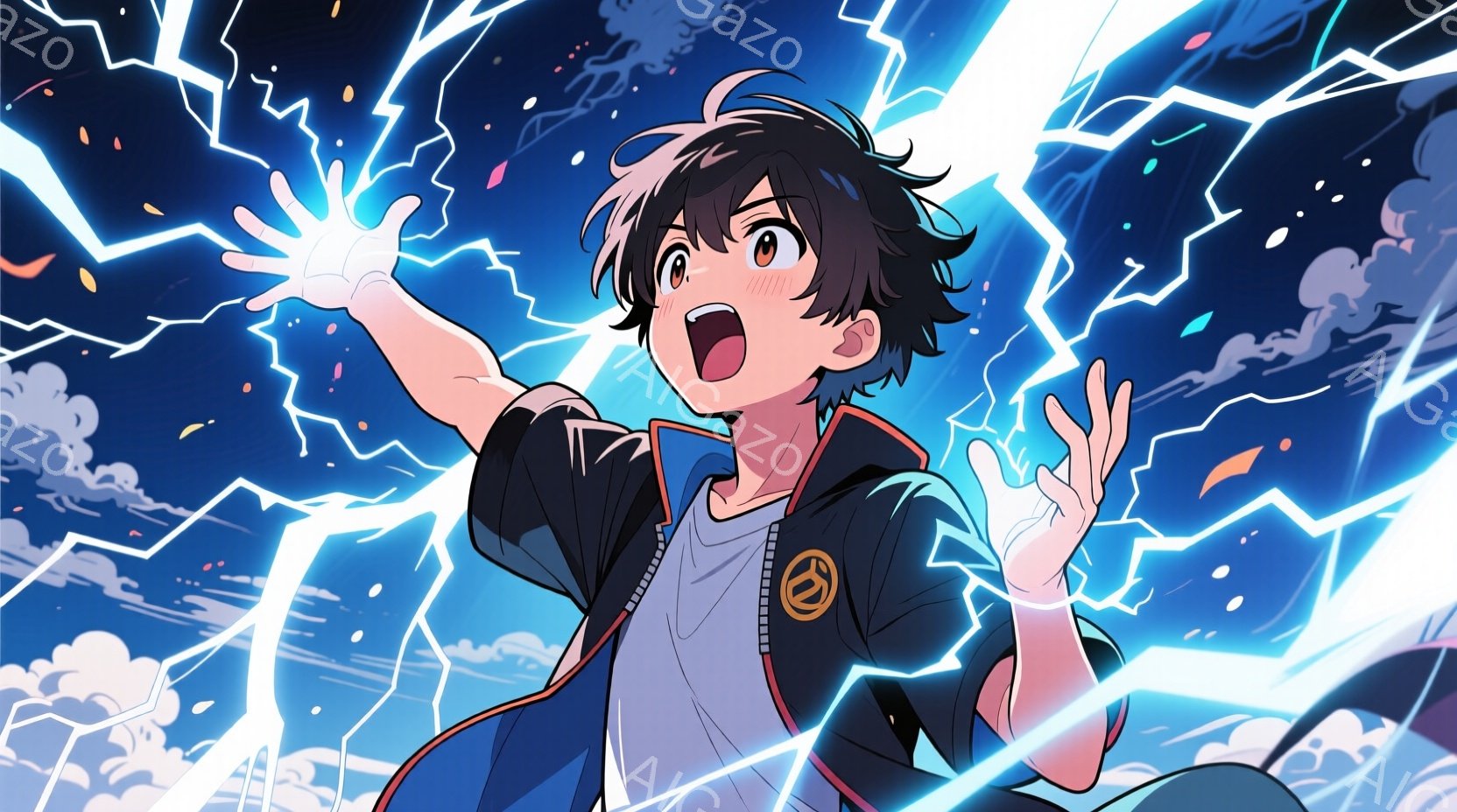 黒髪で少しカールした髪型の少年が描かれています。彼は白いTシャツに黒と赤のジャケットを着ており、両手を上げてエネルギーを放出しているようなポーズをとっています。背景には稲妻が走り、暗い空と雲が広がり、活気に満ちた、力強い雰囲気を醸し出しています。