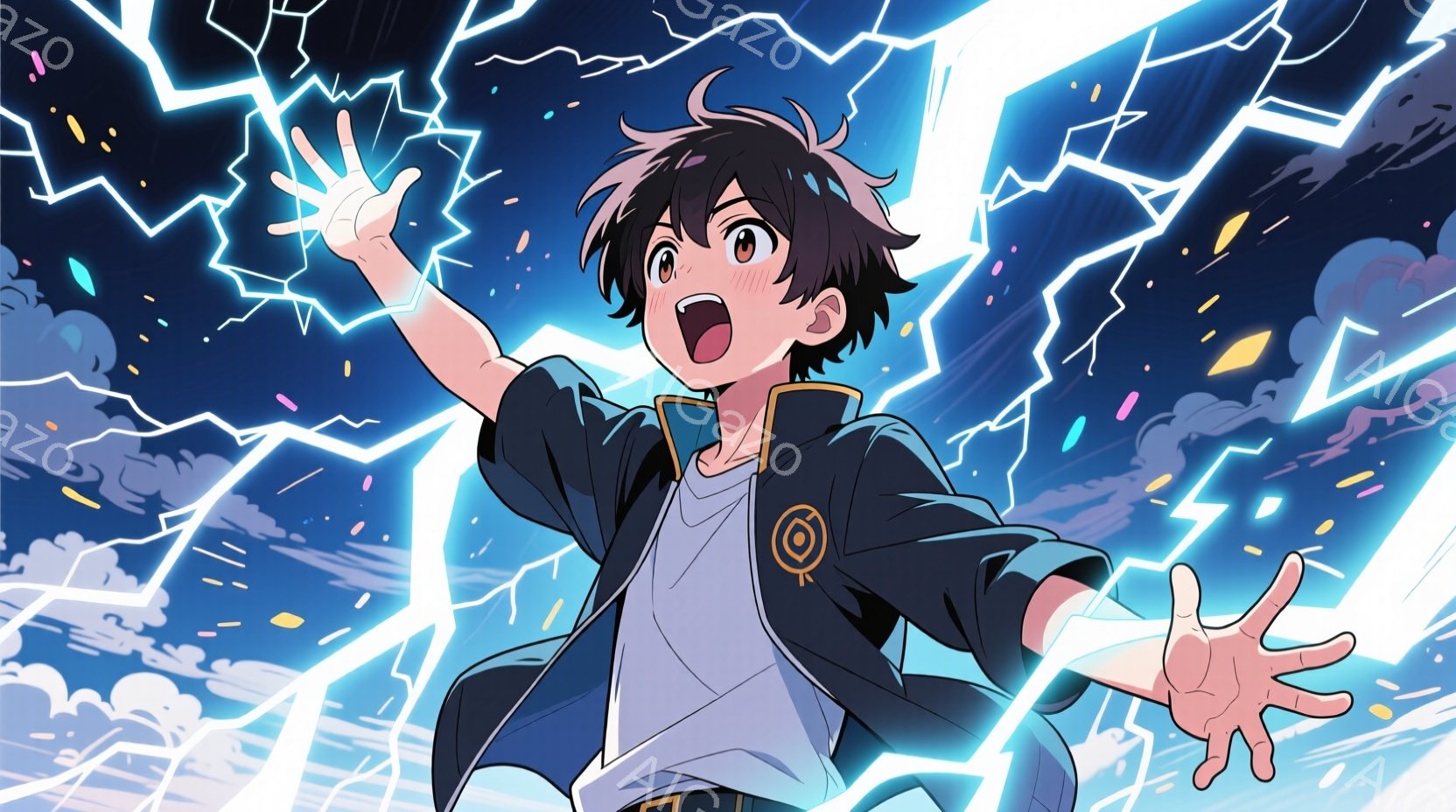 少年は、青いジャケットと白いTシャツを着て、両手を広げ、空に向かって叫んでいます。彼の髪は黒く、少し跳ねており、表情は興奮と決意に満ちています。背景は雷が光る嵐の空で、強いエネルギーとドラマチックな雰囲気を醸し出しています。