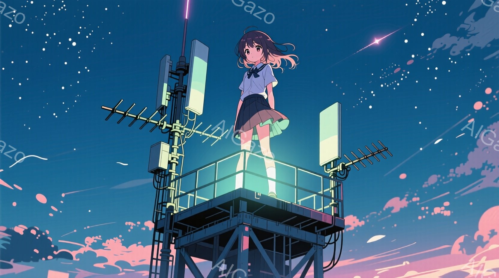 長い黒髪の少女が、鉄骨の塔の上に立っている。紺色のセーラー服と白いソックス、茶色のローファーを履き、少し微笑んだ表情をしている。背景は夕焼けのようなピンクと紫のグラデーションで、星空が広がり、幻想的な - AI生成フリー素材