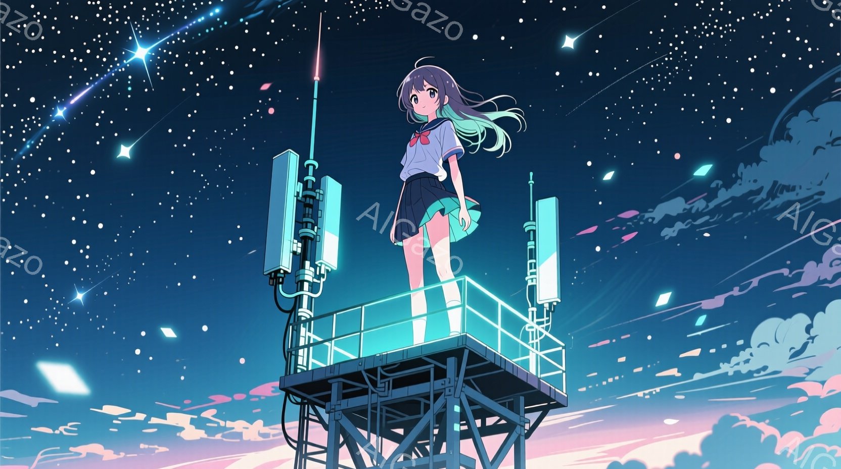 長い黒髪を風になびかせ、セーラー服姿の少女がアンテナの頂上に立っている。彼女は少し微笑み、遠くを見つめるように姿勢を正し、夜空には星や流れ星が輝いている。背景には、淡いピンクと青のグラデーションが広がり、幻想的でロマンチックな雰囲気を醸し出している。