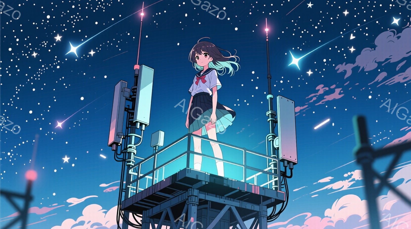 少女は、塔の上で夜空を見上げている。紺色のセーラー服に赤いリボン、長い黒髪をなびかせ、どこか物憂げな表情をしている。背景には、星が輝く夜空と、淡いピンク色の雲が広がり、幻想的な雰囲気を醸し出している。 - AI生成フリー素材