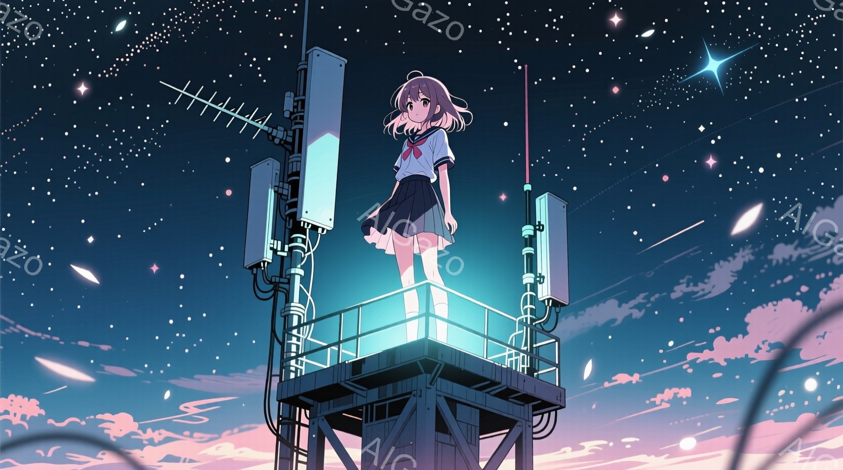 屋上アンテナのプラットフォームの上に立つ少女が描かれています。彼女はセーラー服を着ており、茶色の髪をツインテールにしています。背景は夜空で、星とピンク色の雲が広がり、幻想的で少し物悲しい雰囲気を醸し出しています。