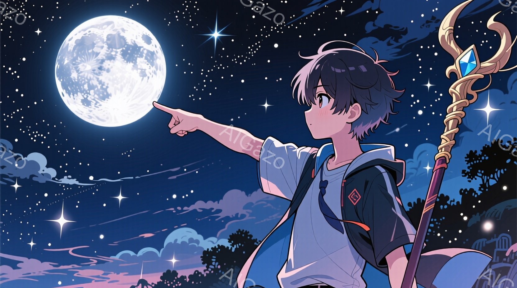 短い黒髪の少年が、夜空を見上げて右手を伸ばしています。彼は紺色の制服のような服を着ており、肩にはリュックサックを背負っています。背景には満月と星が輝き、遠くにシルエットのような建物が見え、幻想的な夜の風景が広がっています。