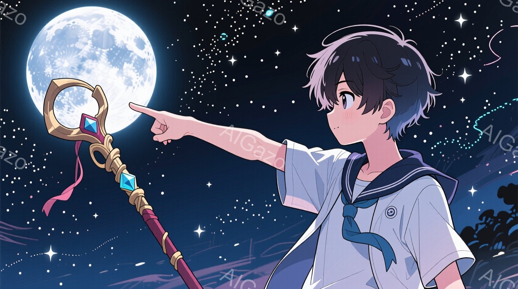 少年は紺色のセーラー服を着ており、右手を伸ばして何かを指し示しています。彼の髪は黒く、少しカールしており、表情はどこか決意に満ちています。背景には満月と星空が広がり、夜空を照らす光が幻想的な雰囲気を醸 - AI生成フリー素材