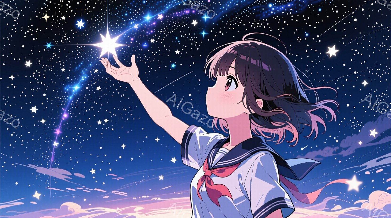 明るい髪の少女が夜空を見上げている。彼女はセーラー服を着ており、片手を伸ばして星に触れようとしているようだ。背景は深い青色の空に無数の星が輝き、流れ星が数本描かれており、幻想的な雰囲気を醸し出している。