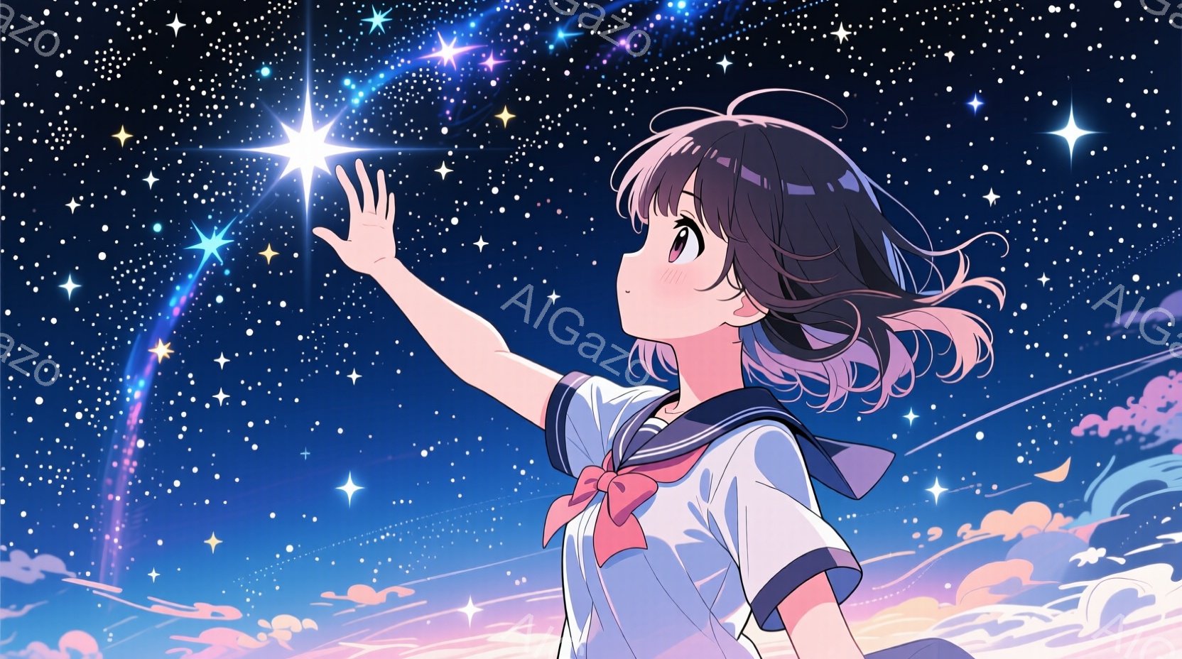 少女は、夜空に輝く流れ星に手を伸ばしています。彼女はセーラー服を着ており、髪は肩までの長さで、毛先がピンク色にグラデーションしています。背景は、星が煌めく夜空と、淡いピンクと青色の雲で、夢見がちな、希望に満ちた雰囲気を醸し出しています。