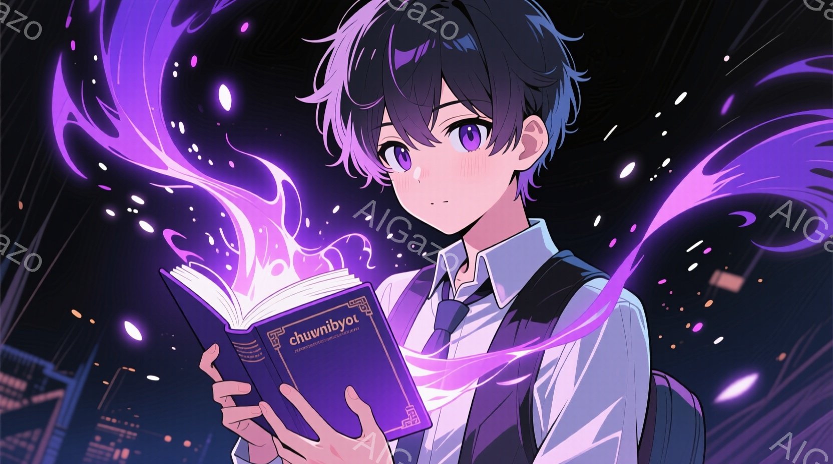 少年は、開かれた古書から紫色の光が溢れ出す様子を描いています。彼は黒髪で、前髪を少し崩したヘアスタイルをしており、集中した表情で本を読んでいます。背景には夜の都市のシルエットがぼんやりと見え、魔法のよ - AI生成フリー素材