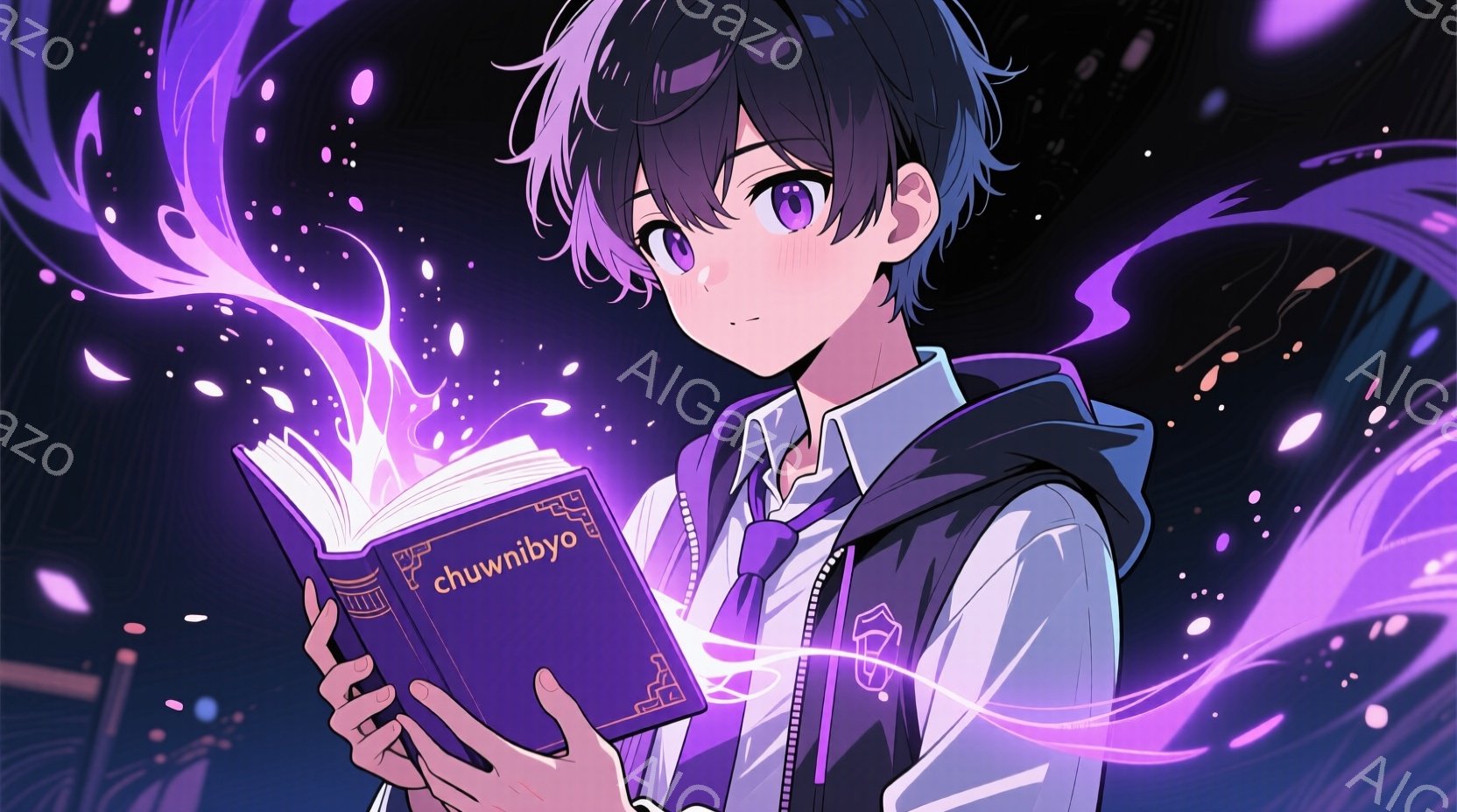 暗い背景に、紫色の光が舞う中、黒髪の少年が描かれている。彼は白いシャツに黒いジャケット、ネクタイという制服姿で、開いた紫色の本を両手で大切そうに持っている。少年の表情はどこか神秘的で、本から光が溢れ出 - AI生成フリー素材